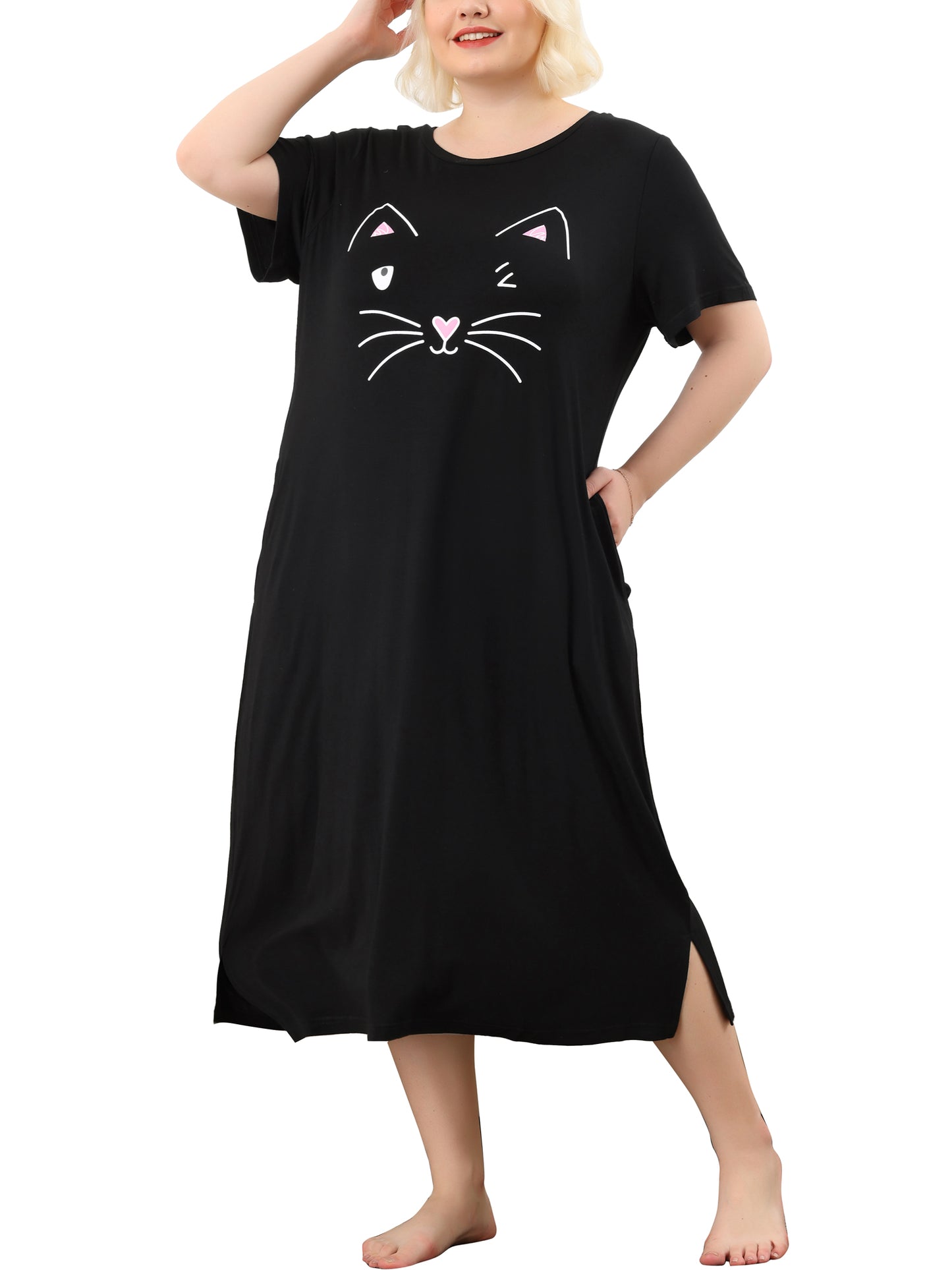 Women's Plus Size Nightgowns Pajama Dress Cute Cat Loose Loungewear with Pockets