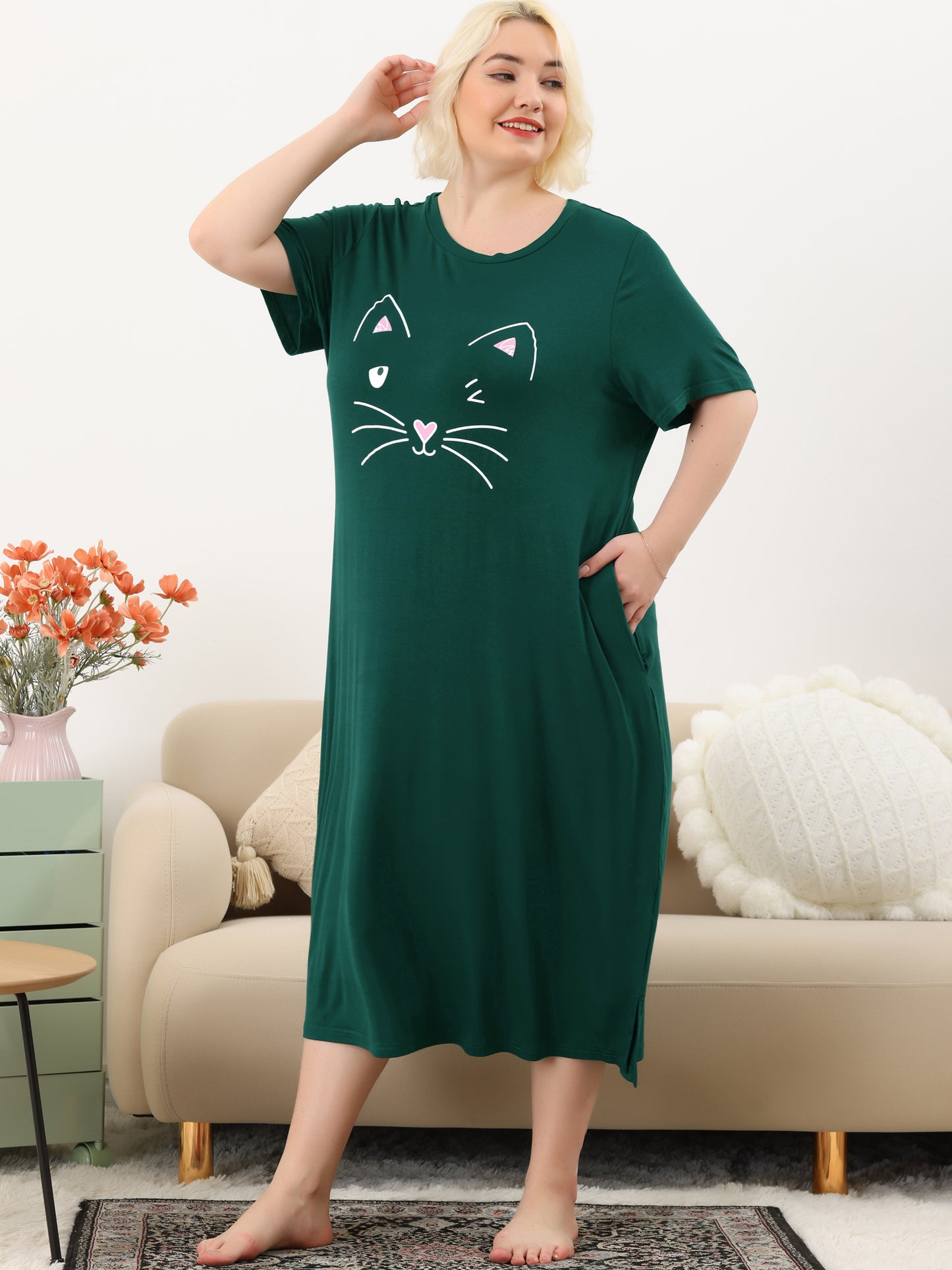 Women's Plus Size Nightgowns Pajama Dress Cute Cat Loose Loungewear with Pockets