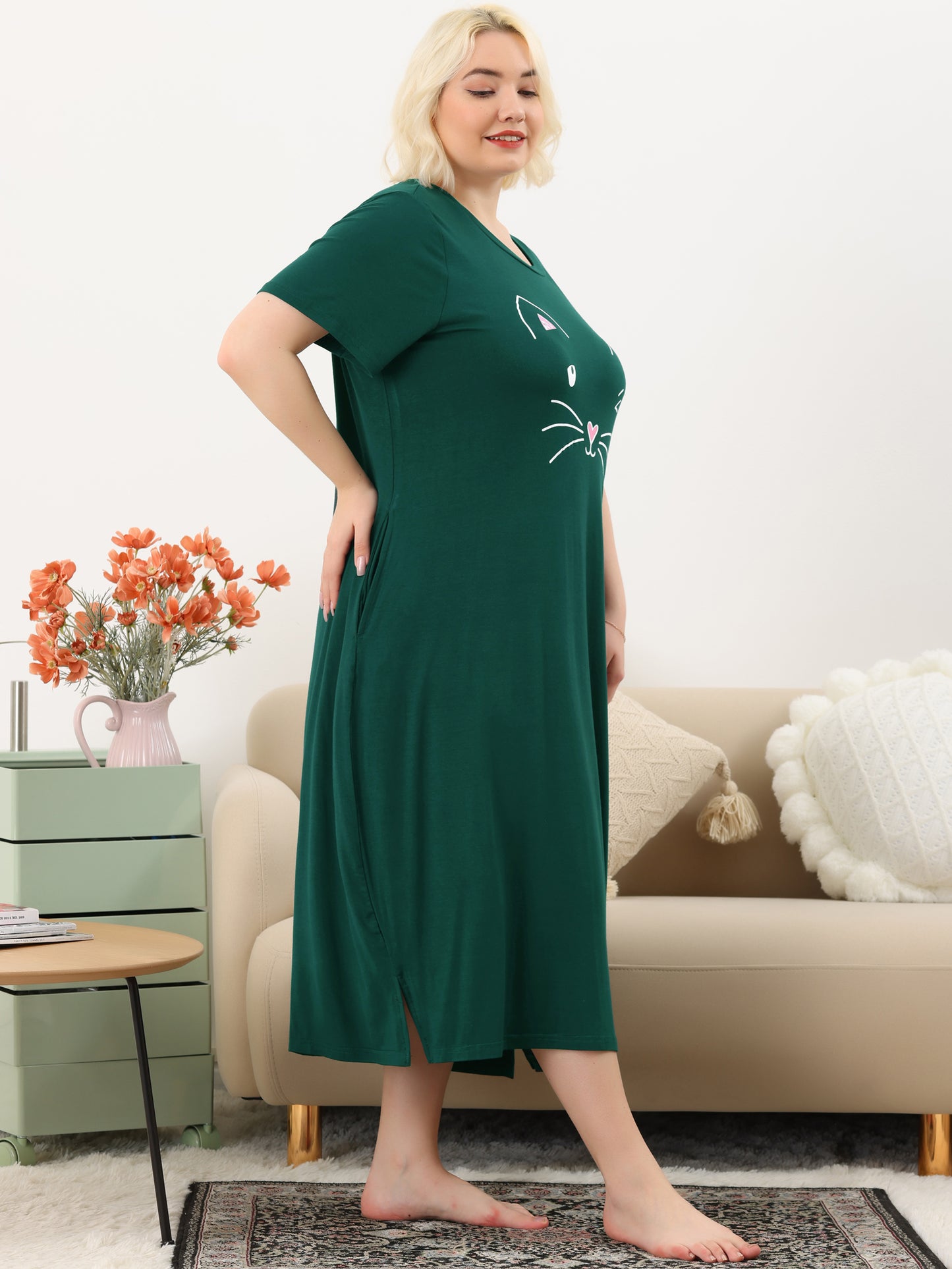 Women's Plus Size Nightgowns Pajama Dress Cute Cat Loose Loungewear with Pockets
