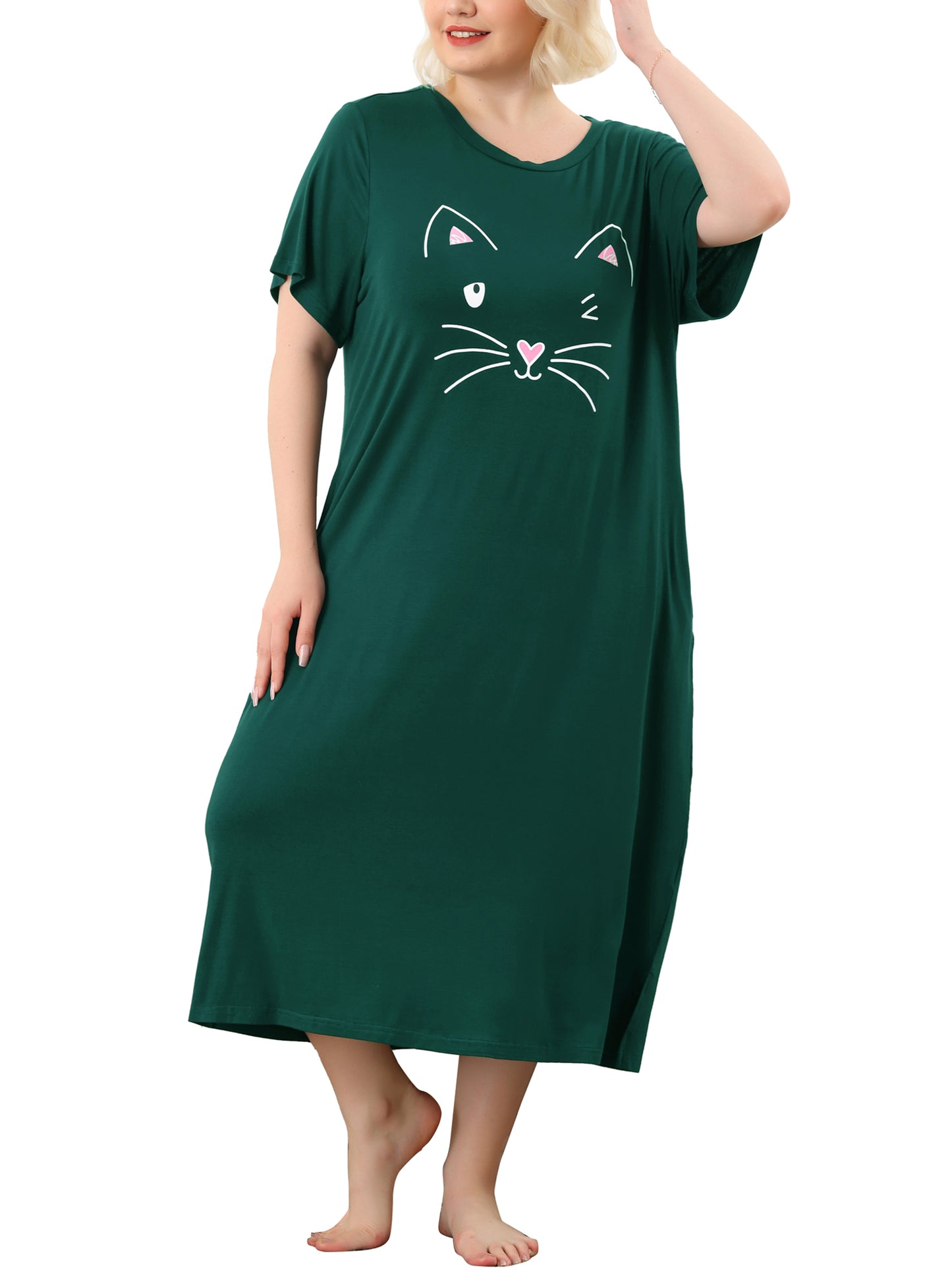 Women's Plus Size Nightgowns Pajama Dress Cute Cat Loose Loungewear with Pockets