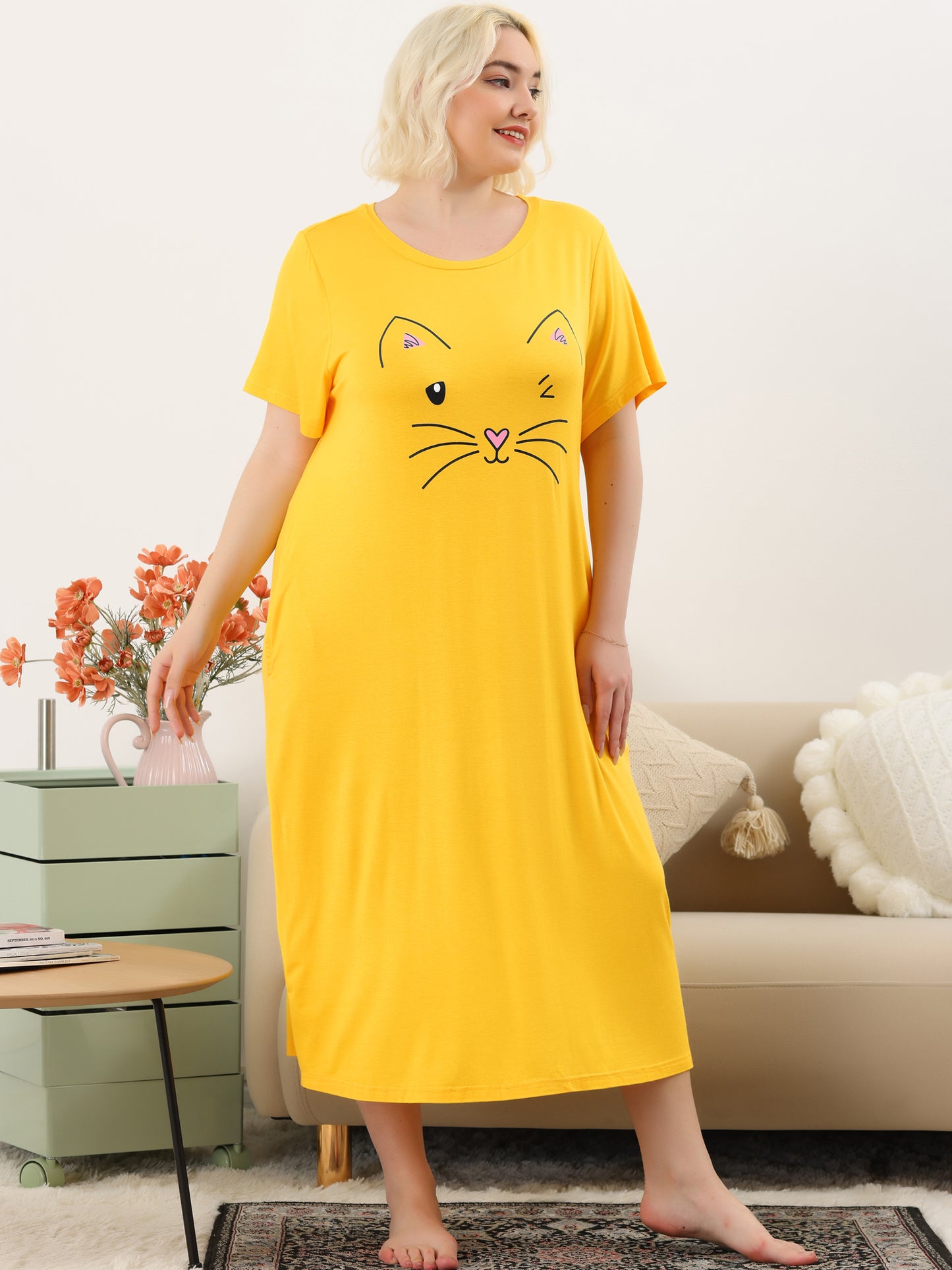 Women's Plus Size Nightgowns Pajama Dress Cute Cat Loose Loungewear with Pockets