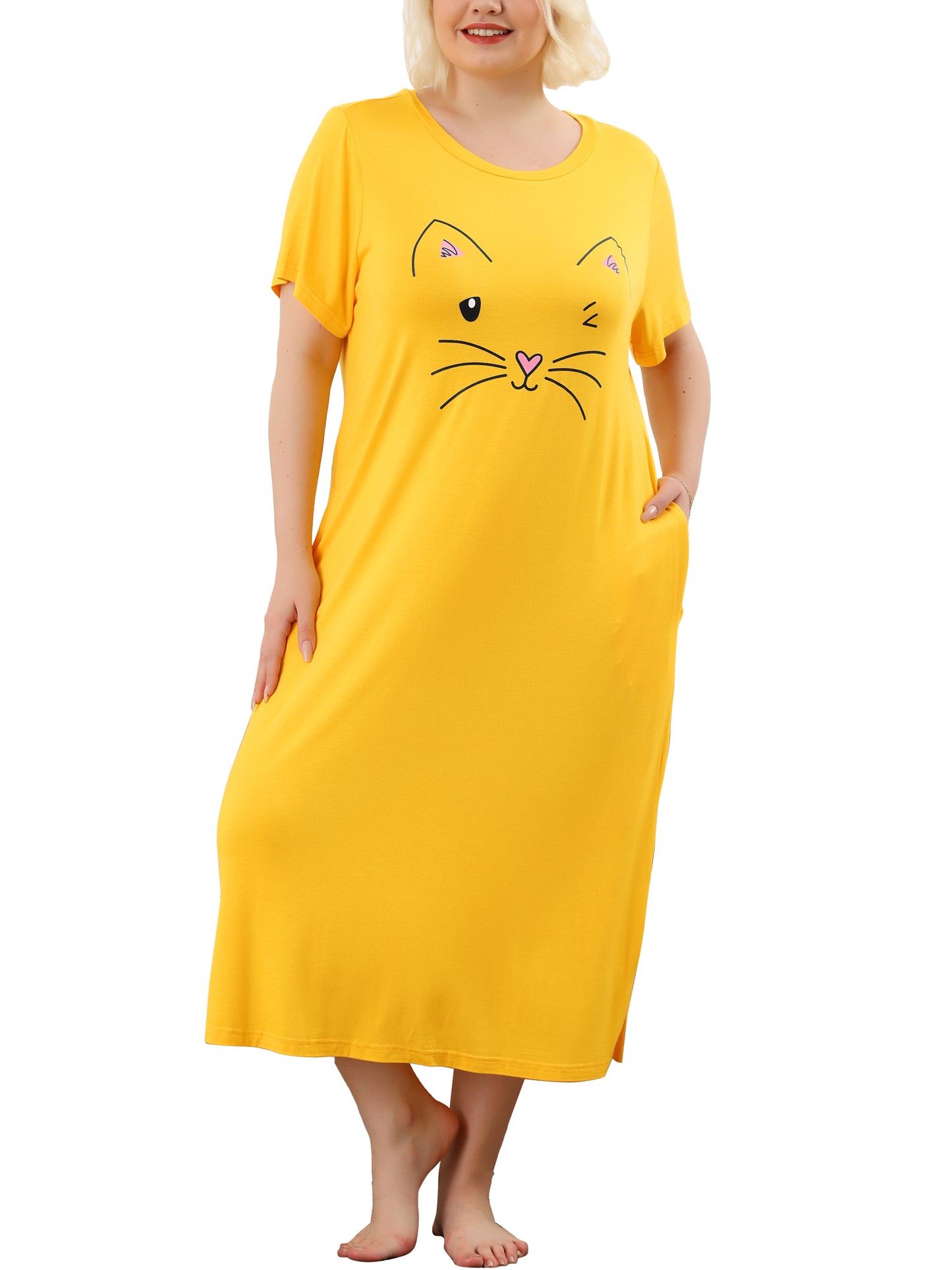 Women's Plus Size Nightgowns Pajama Dress Cute Cat Loose Loungewear with Pockets