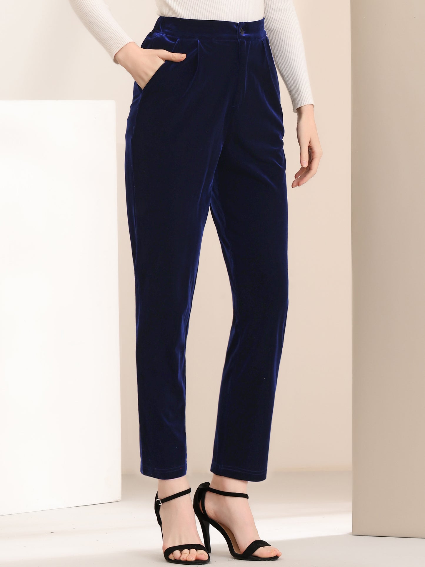 Women's Velvet Elegant High Waist Trousers with Pockets Work Ankle Pants
