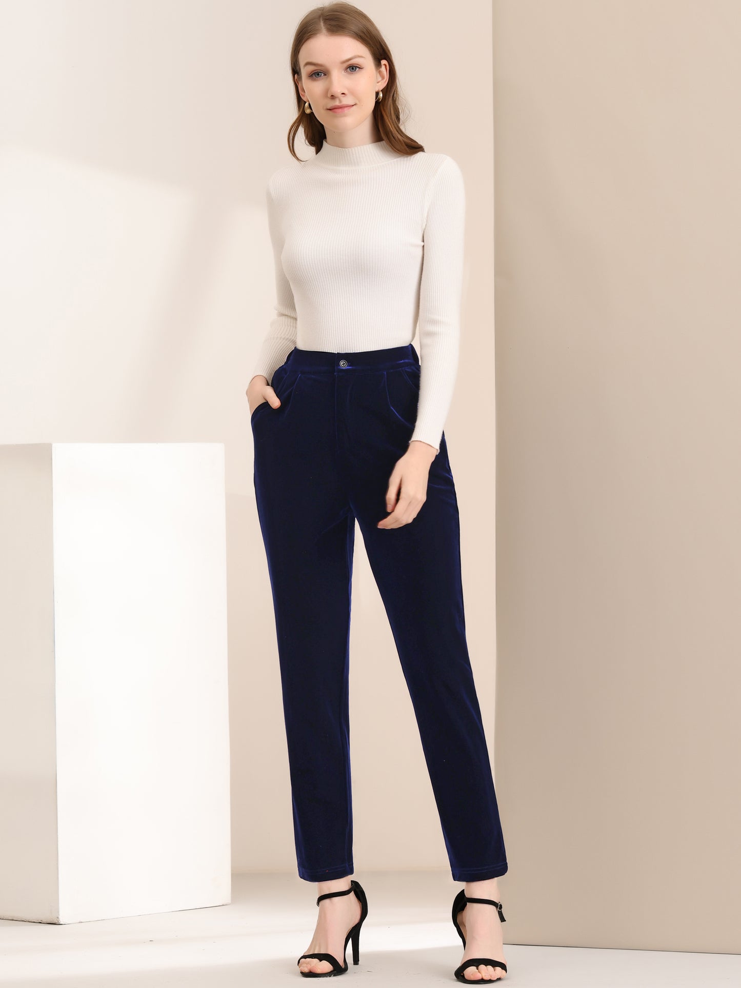 Women's Velvet Elegant High Waist Trousers with Pockets Work Ankle Pants