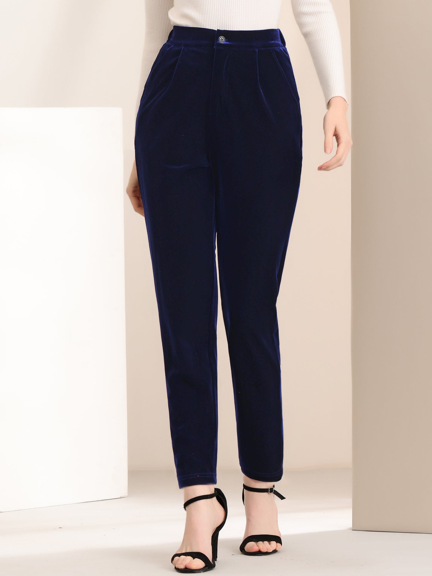 Women's Velvet Elegant High Waist Trousers with Pockets Work Ankle Pants