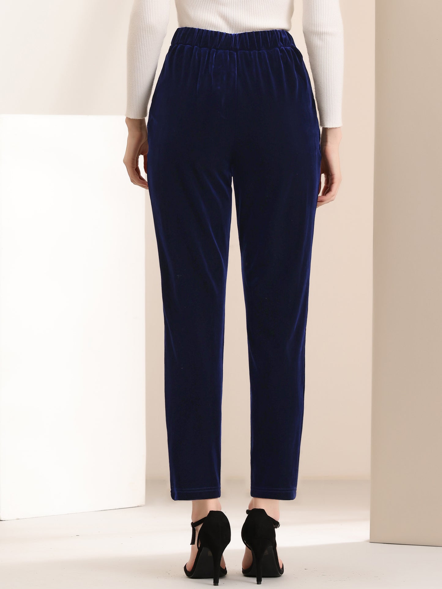 Women's Velvet Elegant High Waist Trousers with Pockets Work Ankle Pants