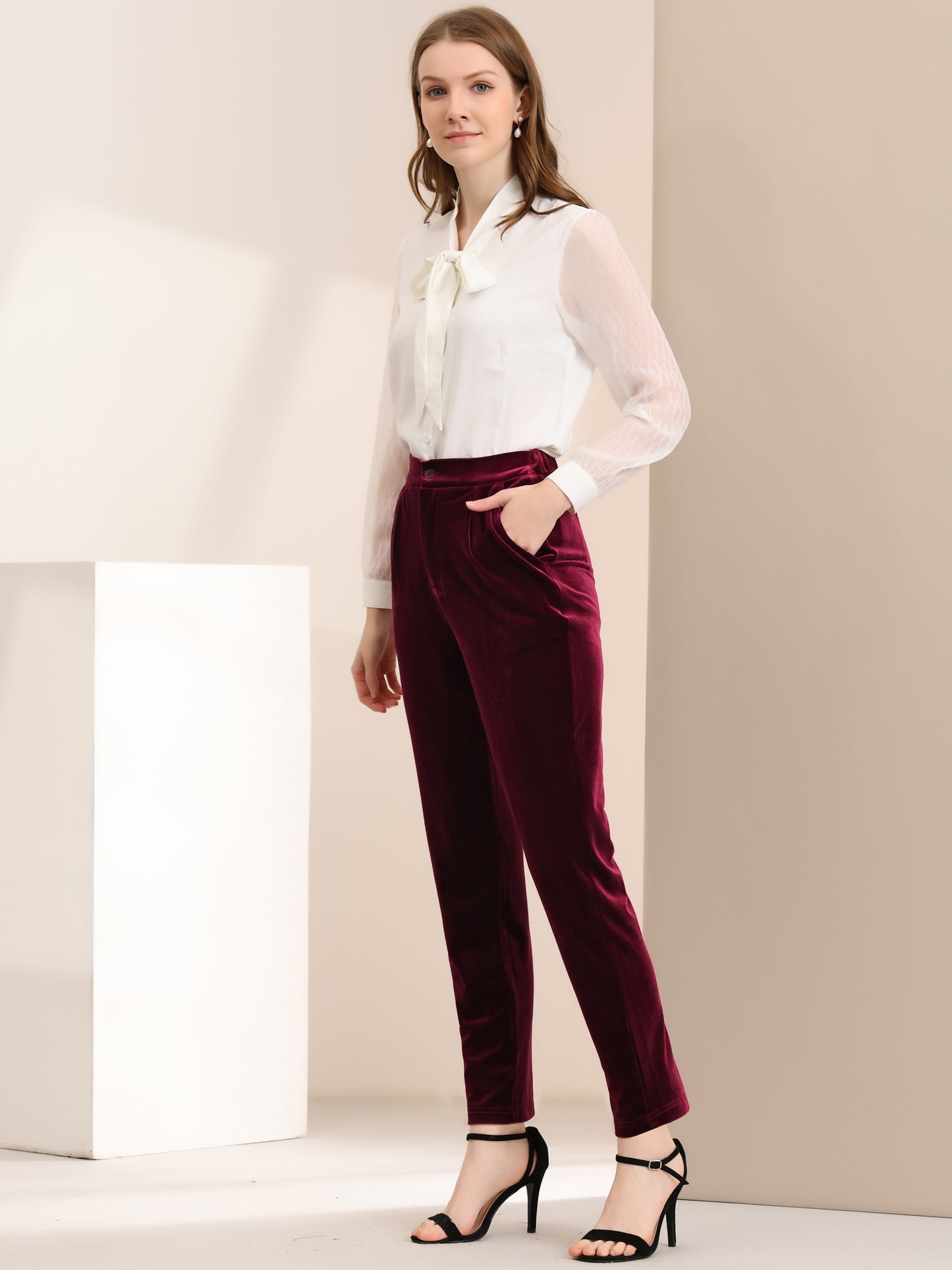Women's Velvet Elegant High Waist Trousers with Pockets Work Ankle Pants