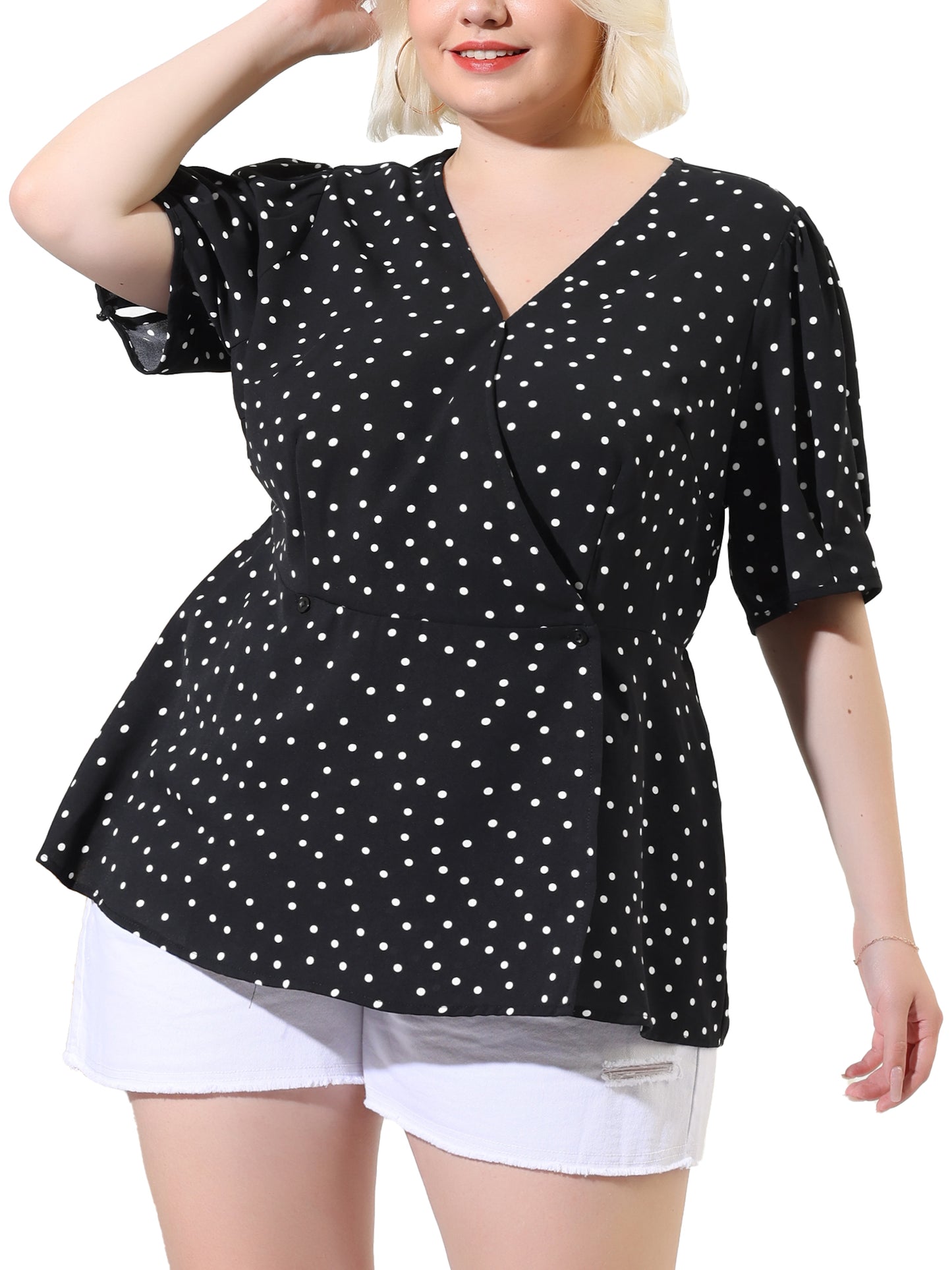 Women Plus Size Summer V Neck Wrap Short Sleeve Polka Dots Peplum Top