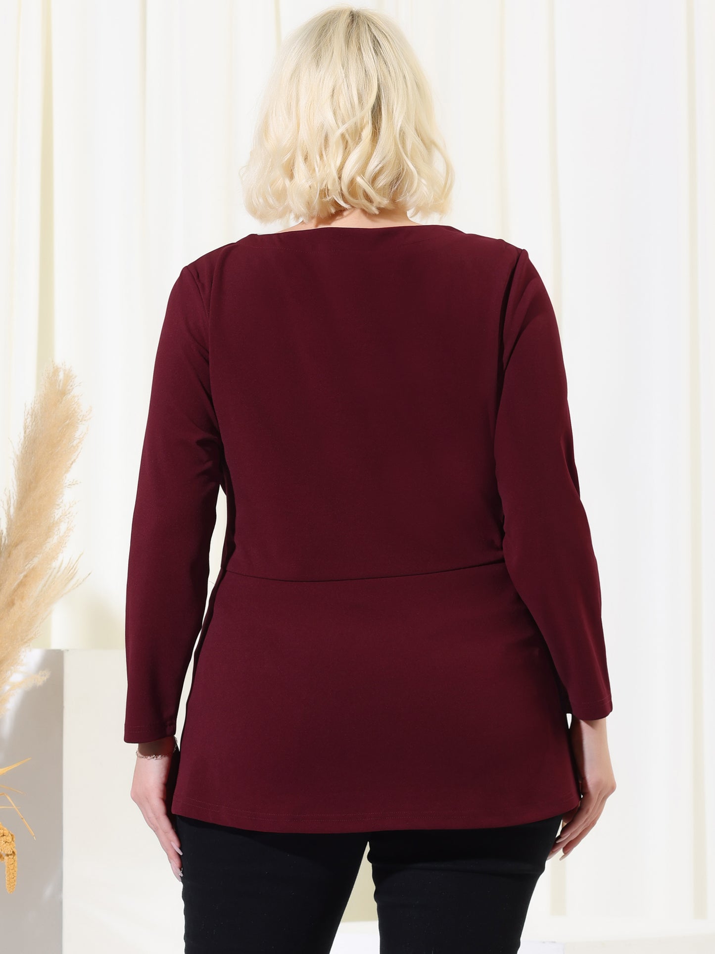 Women's Plus Size Long Sleeve V Neck Knit Belted Knot Tie Work Blouse