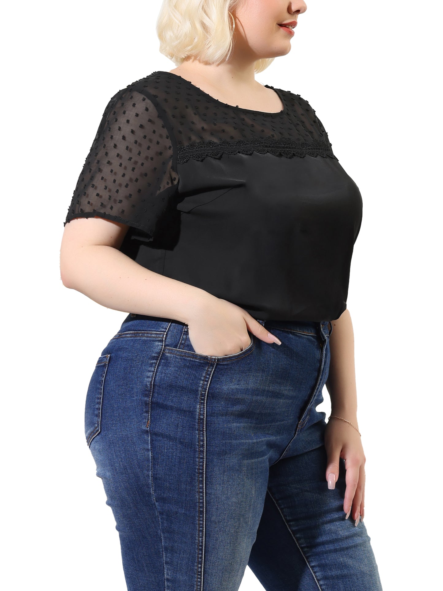 Women's Plus Size Round Neck Short Sleeves Polka Dots Lace Panel Summer Blouse