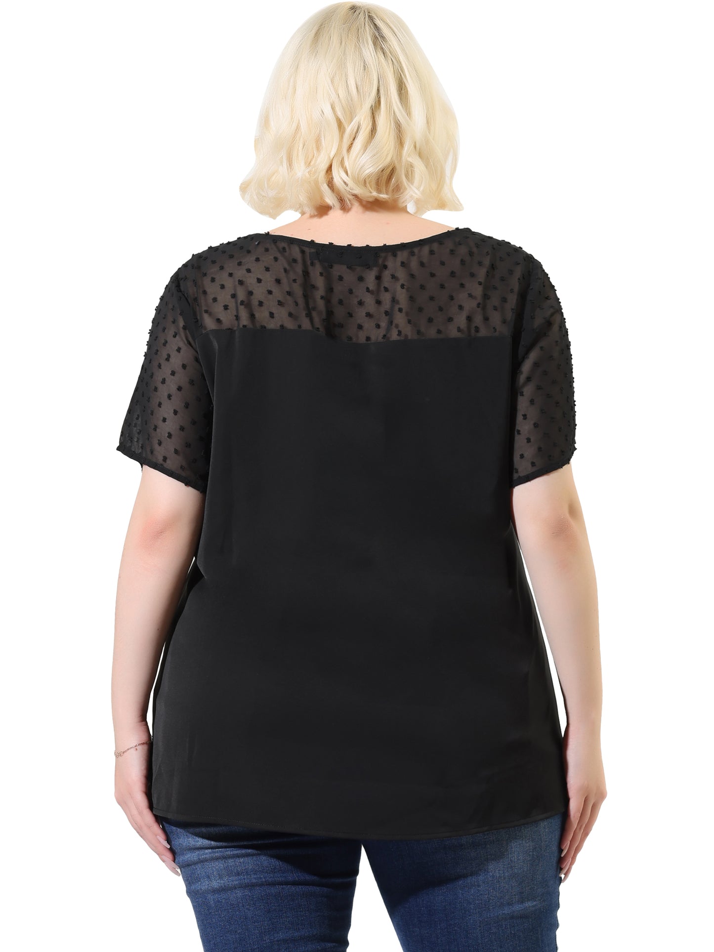 Women's Plus Size Round Neck Short Sleeves Polka Dots Lace Panel Summer Blouse