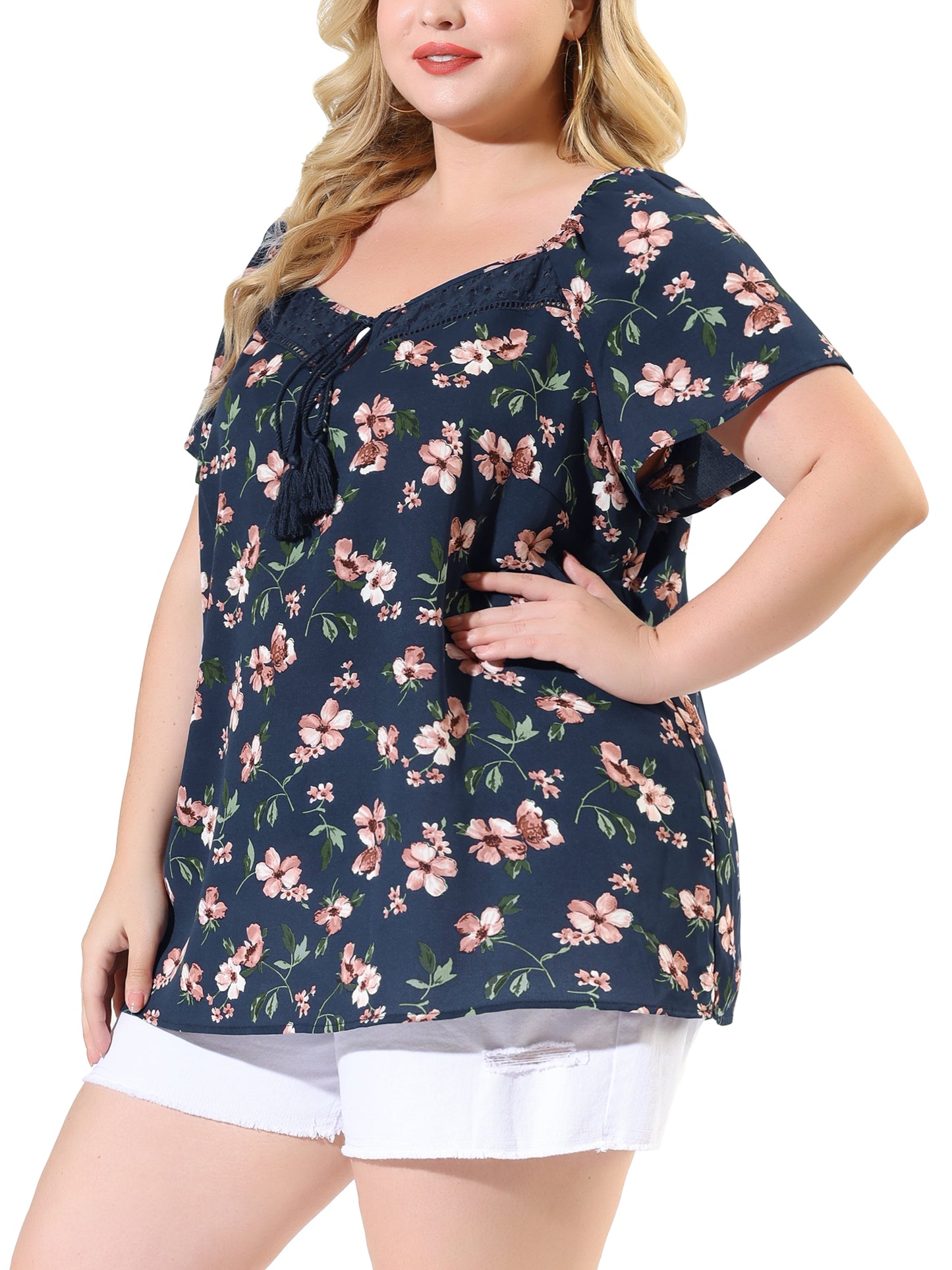 Women Plus Size Blouse Short Sleeve Tie Neck Floral Print Casual Top