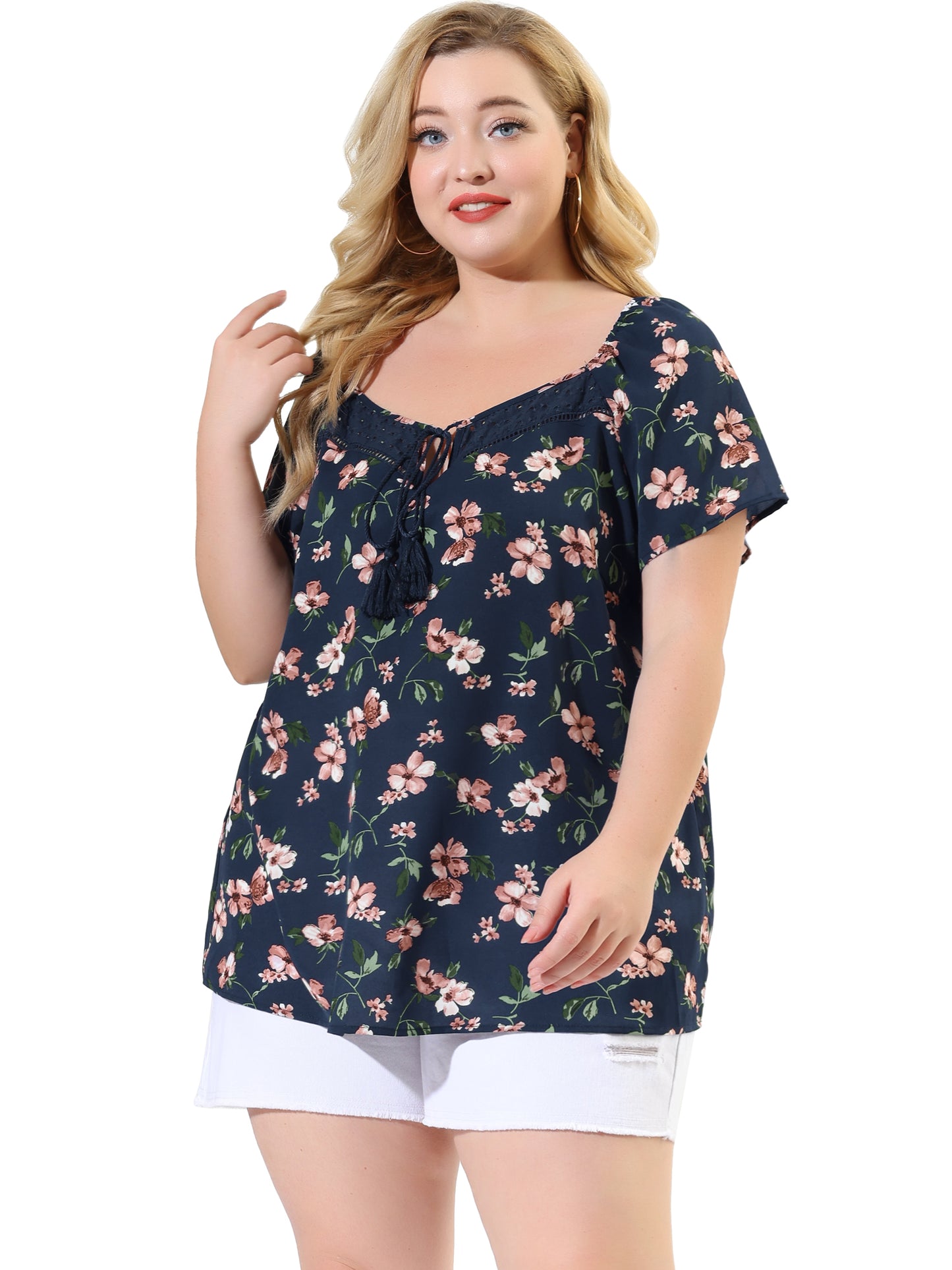 Women Plus Size Blouse Short Sleeve Tie Neck Floral Print Casual Top