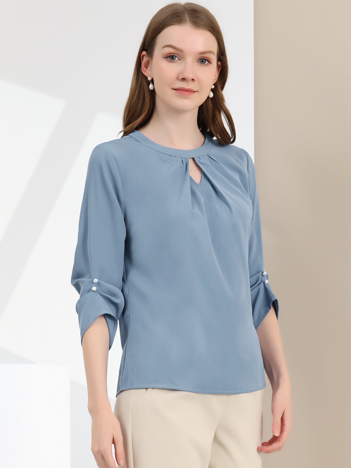Women's Dressy Work Office Keyhole Pleated Front Ruched 3/4 Sleeve Chiffon Shirt