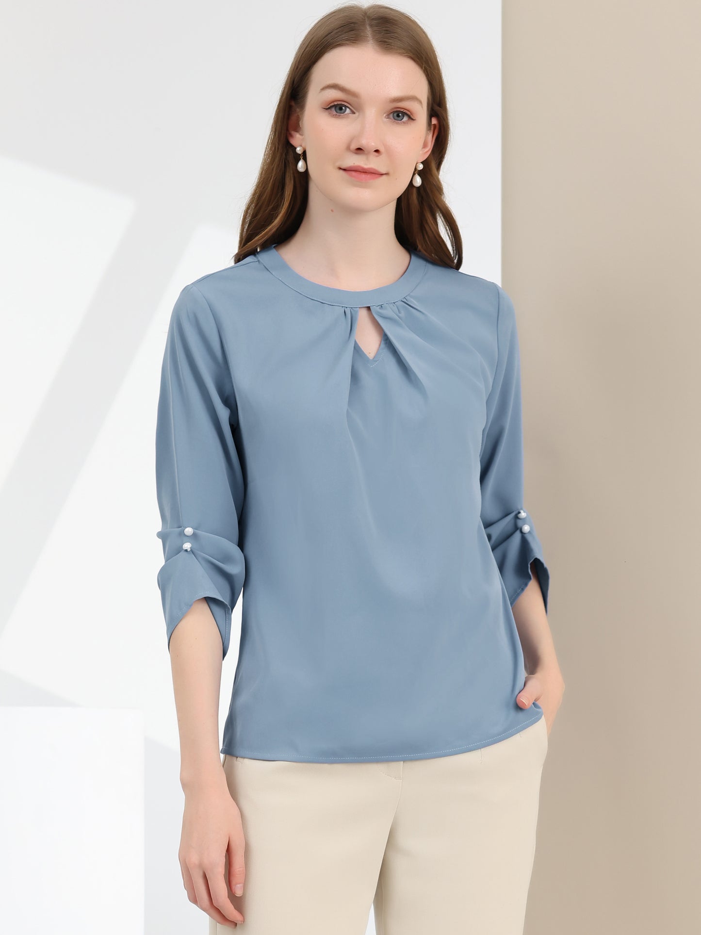 Women's Dressy Work Office Keyhole Pleated Front Ruched 3/4 Sleeve Chiffon Shirt