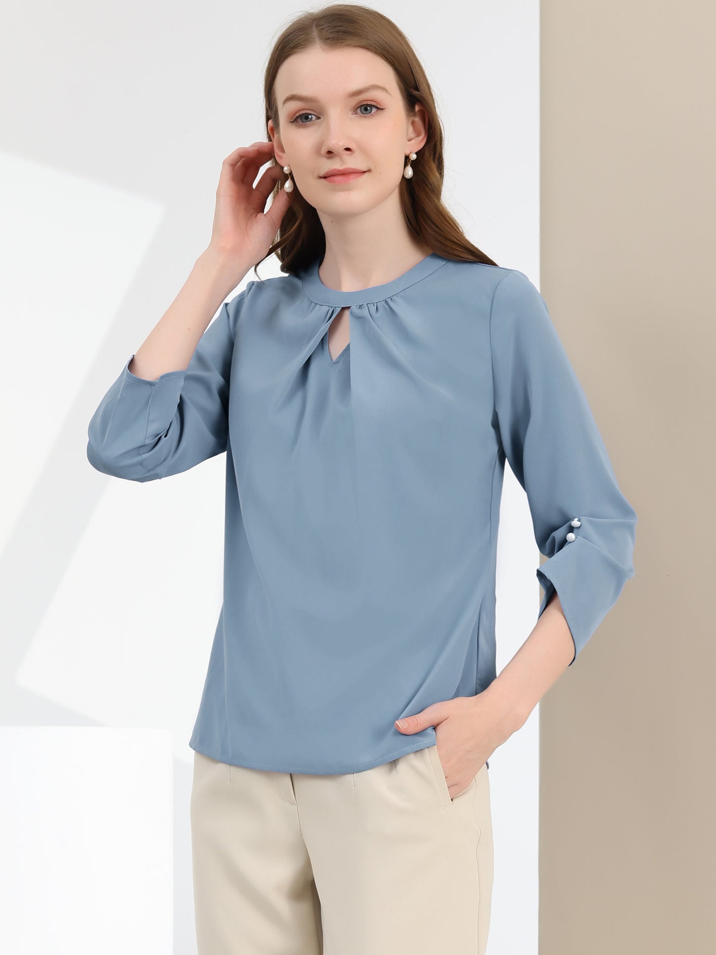 Women's Dressy Work Office Keyhole Pleated Front Ruched 3/4 Sleeve Chiffon Shirt