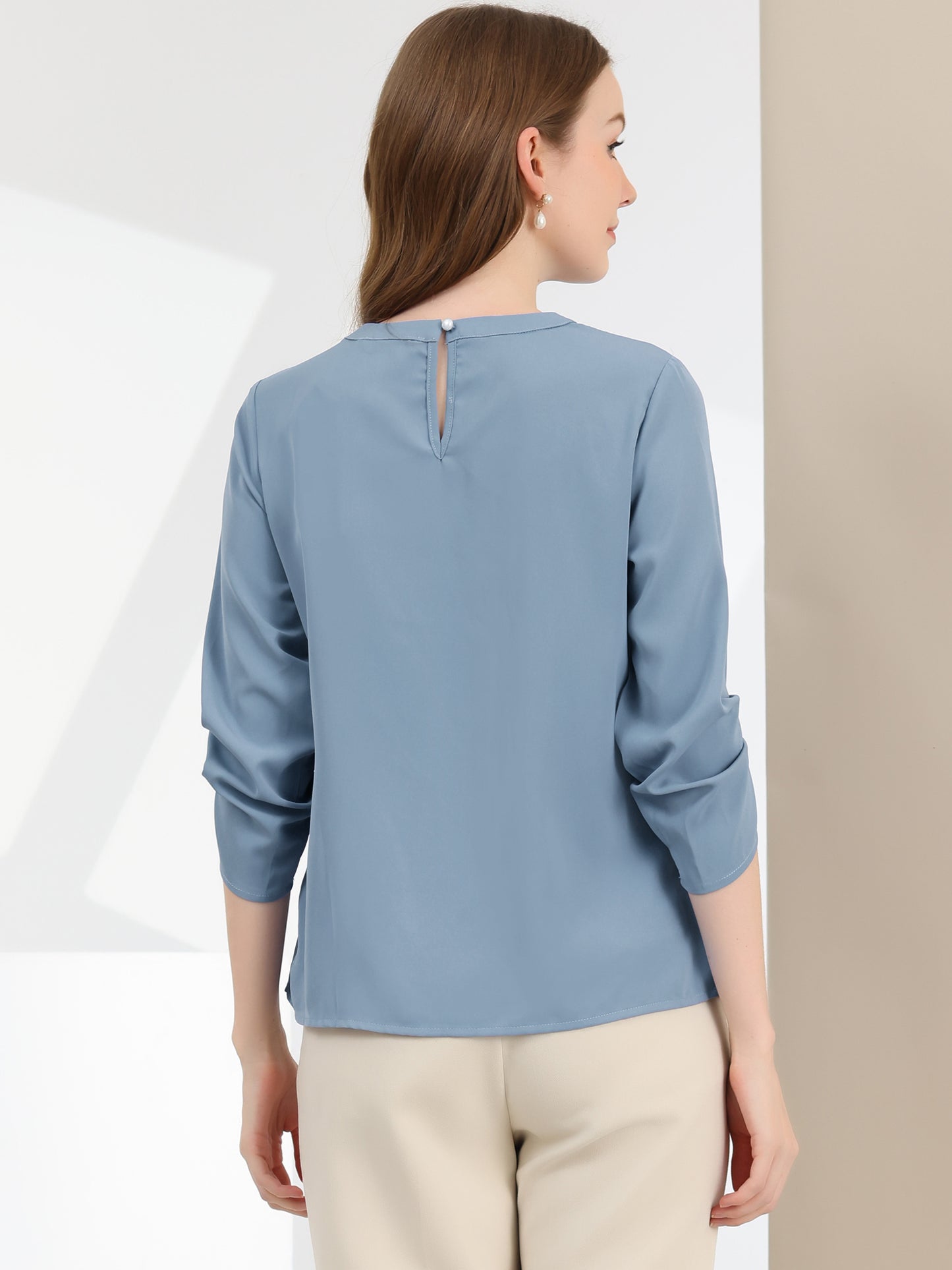 Women's Dressy Work Office Keyhole Pleated Front Ruched 3/4 Sleeve Chiffon Shirt