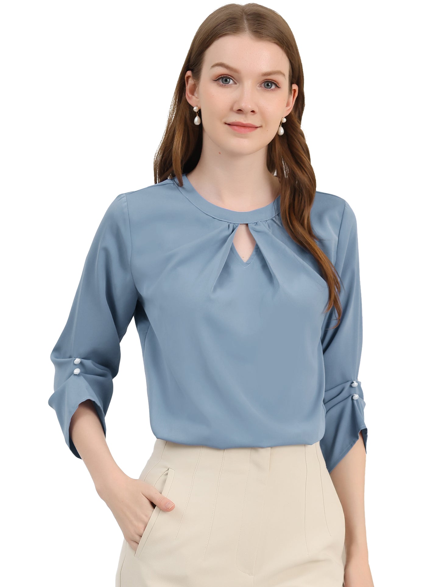 Women's Dressy Work Office Keyhole Pleated Front Ruched 3/4 Sleeve Chiffon Shirt