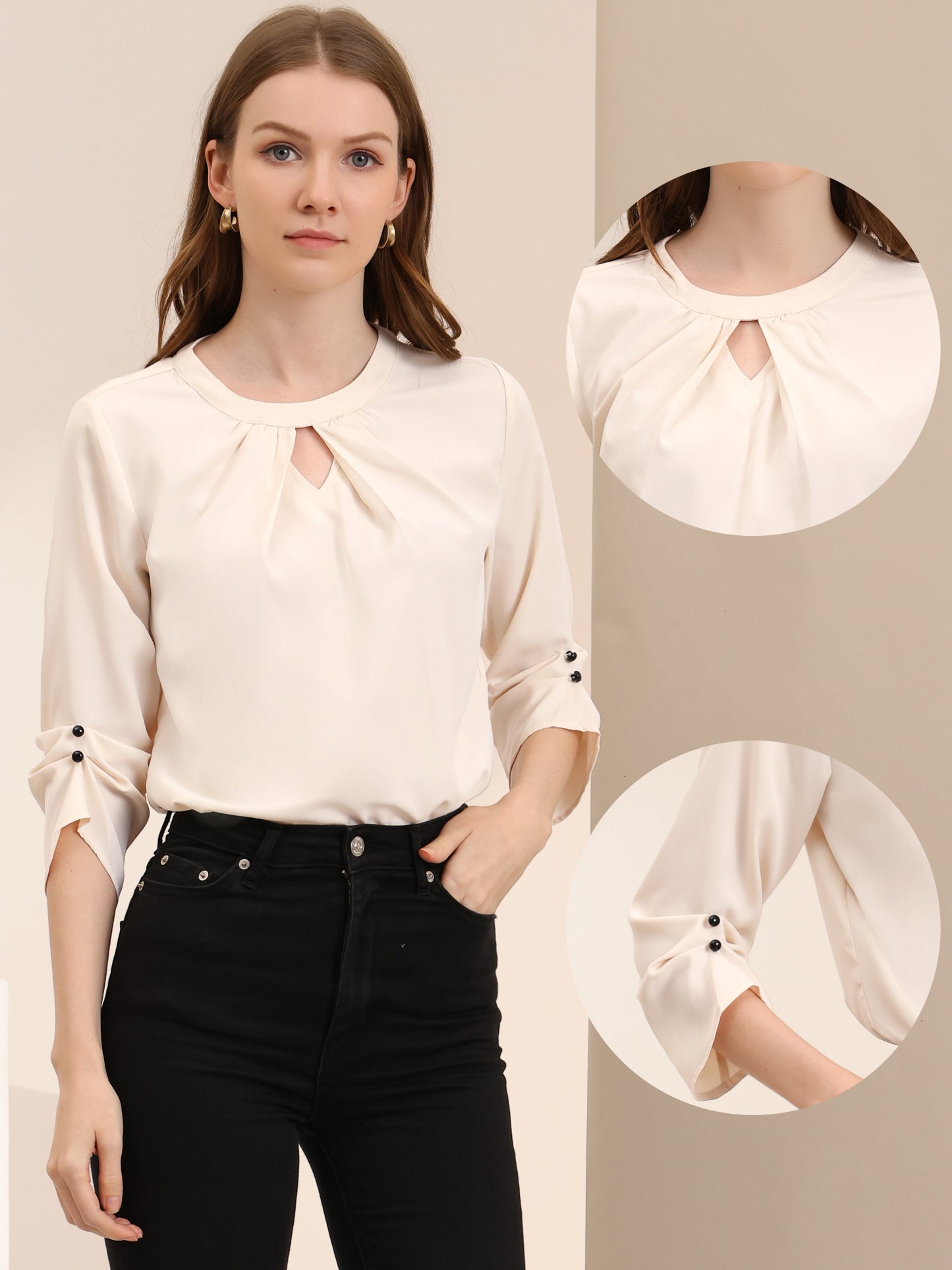 Women's Dressy Work Office Keyhole Pleated Front Ruched 3/4 Sleeve Chiffon Shirt