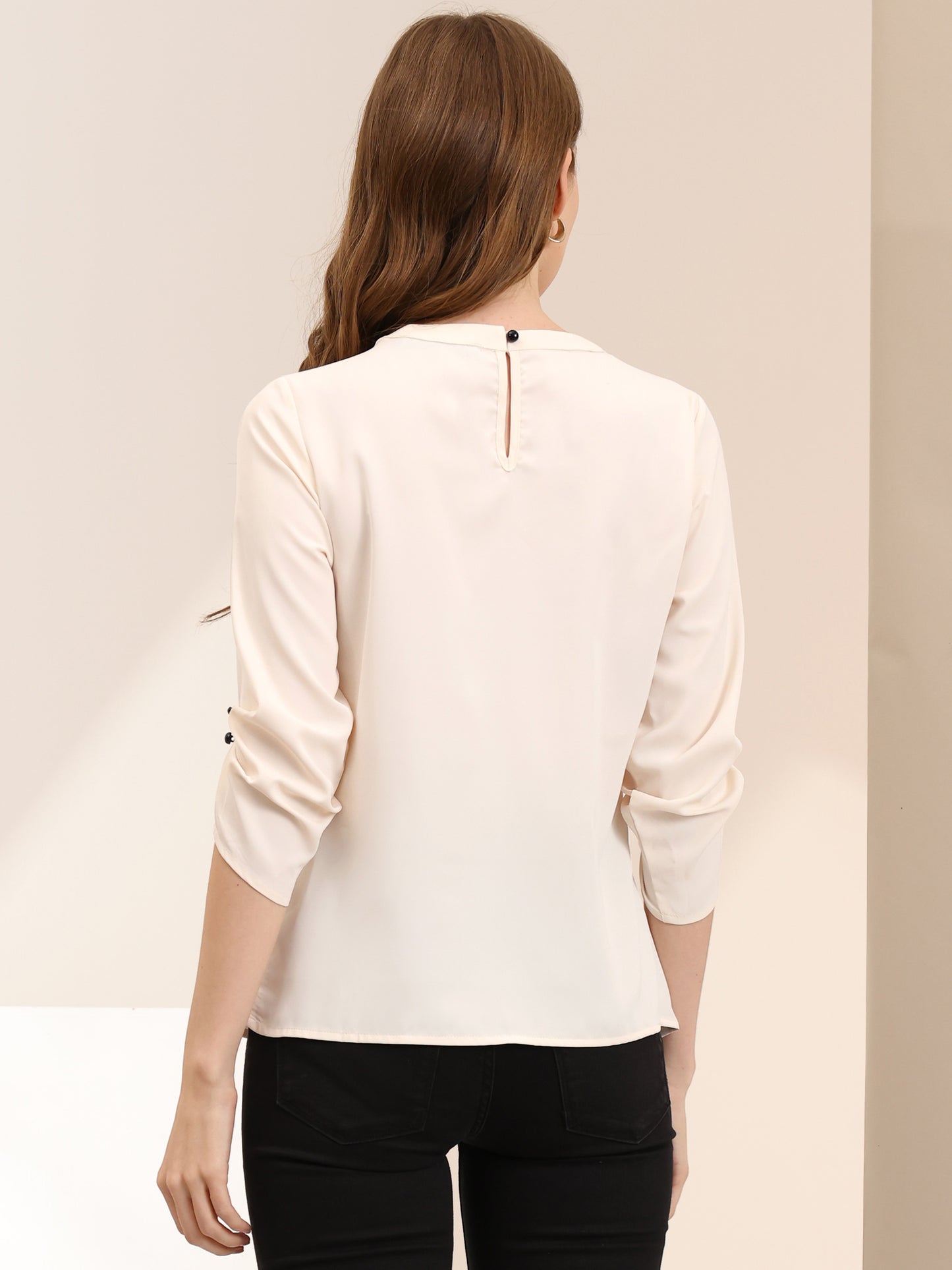 Women's Dressy Work Office Keyhole Pleated Front Ruched 3/4 Sleeve Chiffon Shirt
