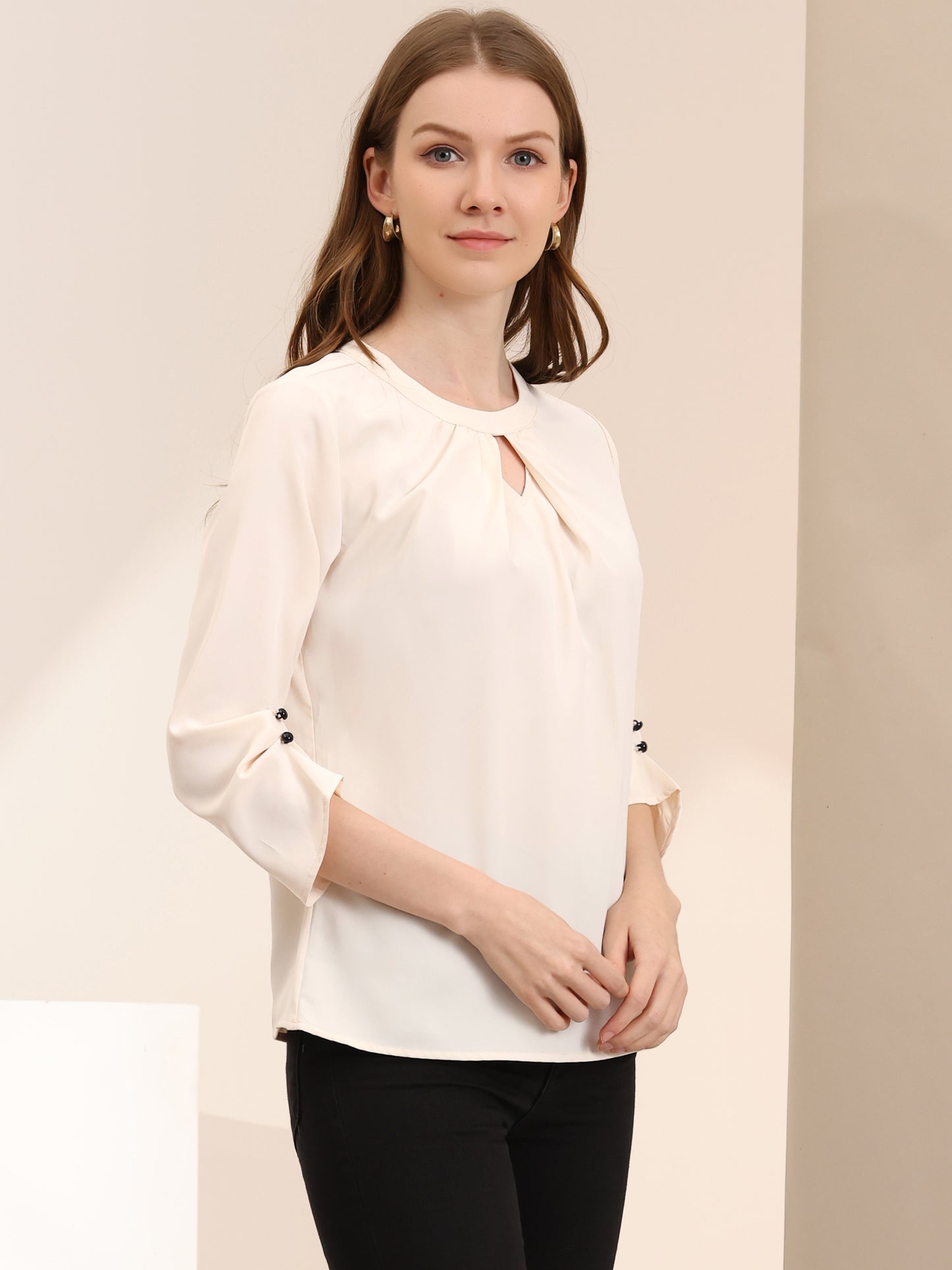 Women's Dressy Work Office Keyhole Pleated Front Ruched 3/4 Sleeve Chiffon Shirt
