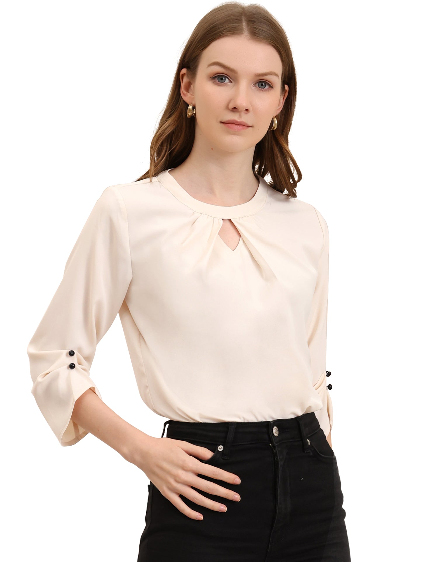 Women's Dressy Work Office Keyhole Pleated Front Ruched 3/4 Sleeve Chiffon Shirt