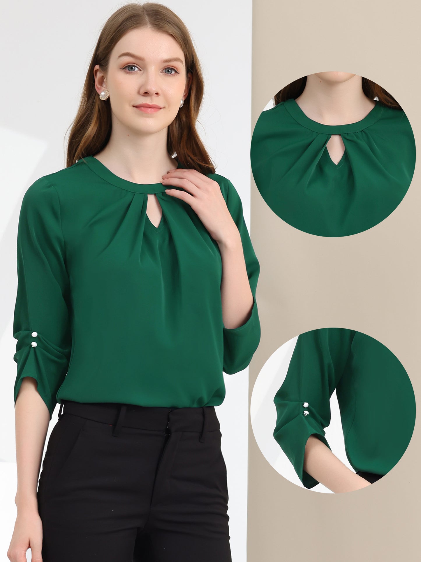 Women's Dressy Work Office Keyhole Pleated Front Ruched 3/4 Sleeve Chiffon Shirt