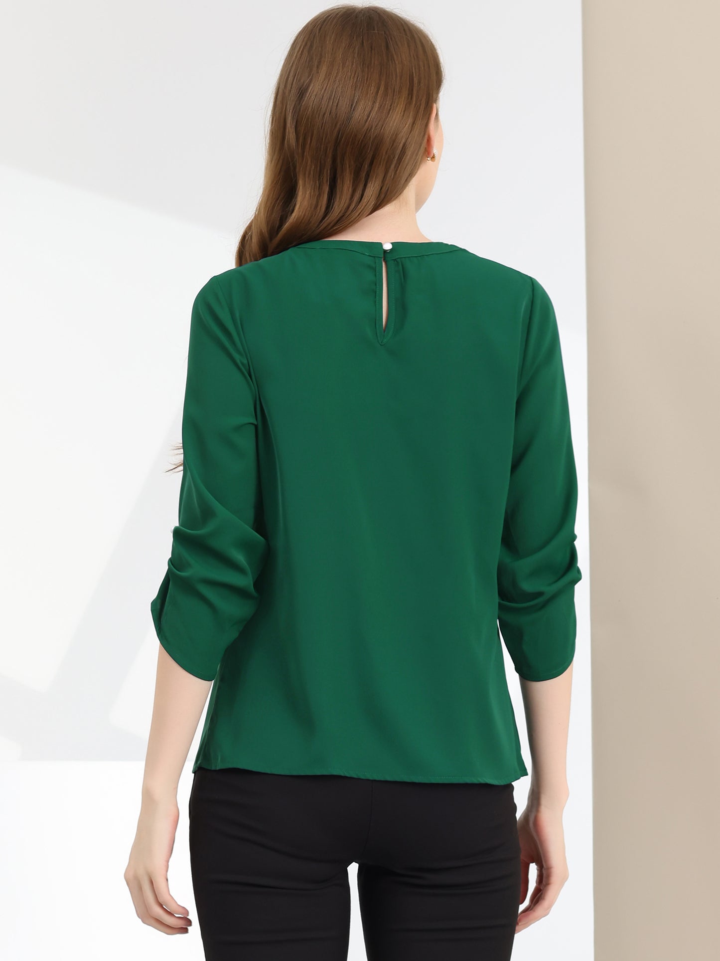 Women's Dressy Work Office Keyhole Pleated Front Ruched 3/4 Sleeve Chiffon Shirt