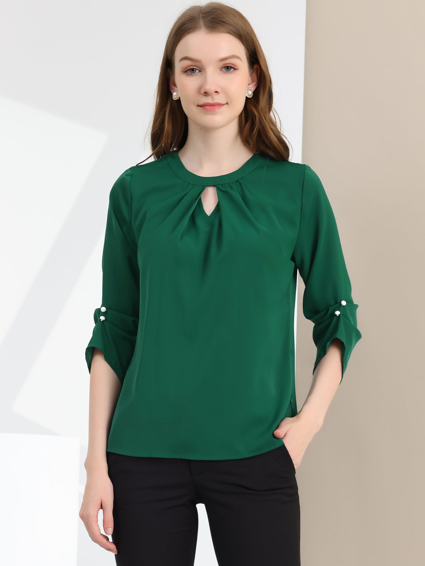 Women's Dressy Work Office Keyhole Pleated Front Ruched 3/4 Sleeve Chiffon Shirt