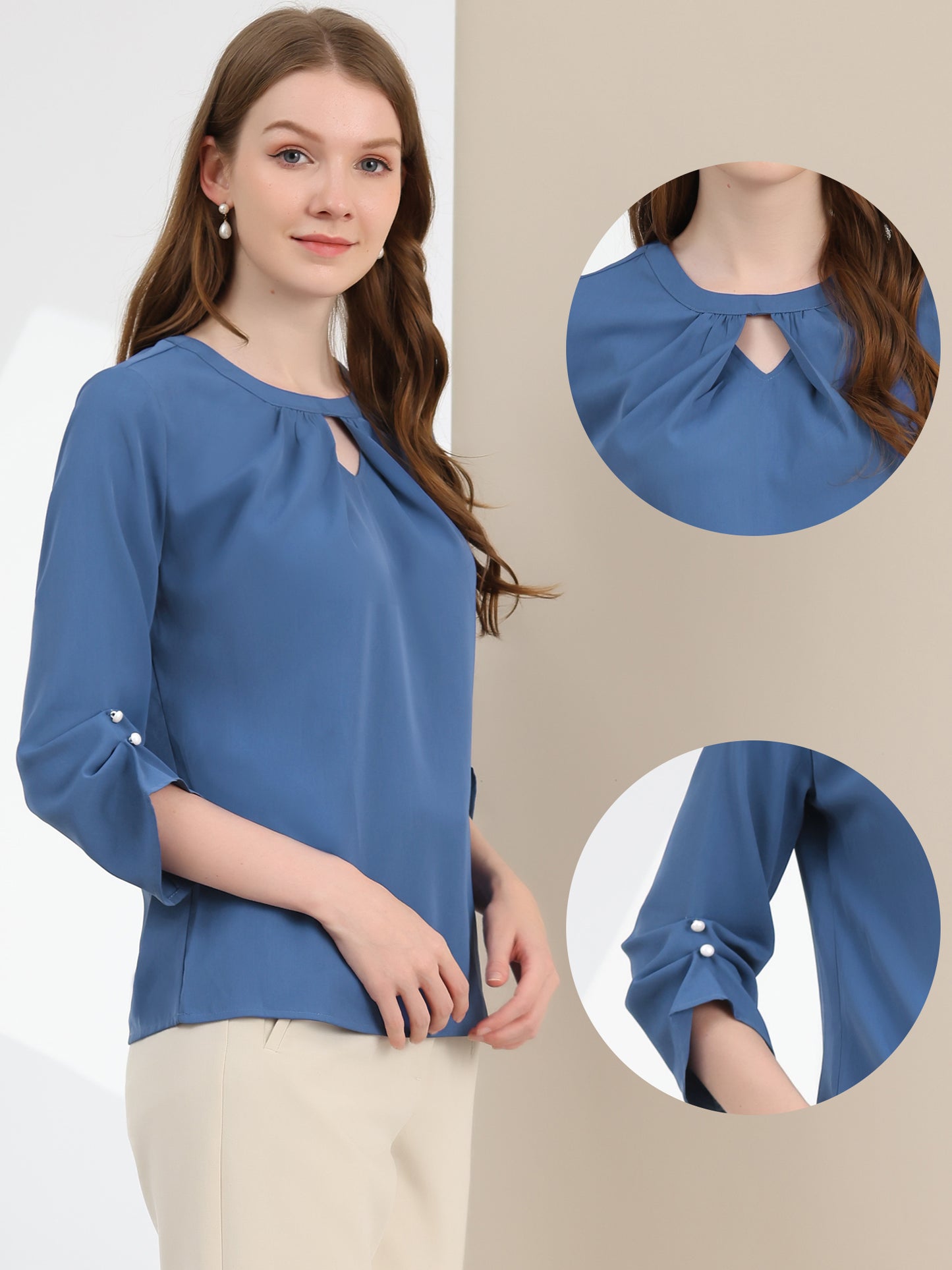 Women's Dressy Work Office Keyhole Pleated Front Ruched 3/4 Sleeve Chiffon Shirt