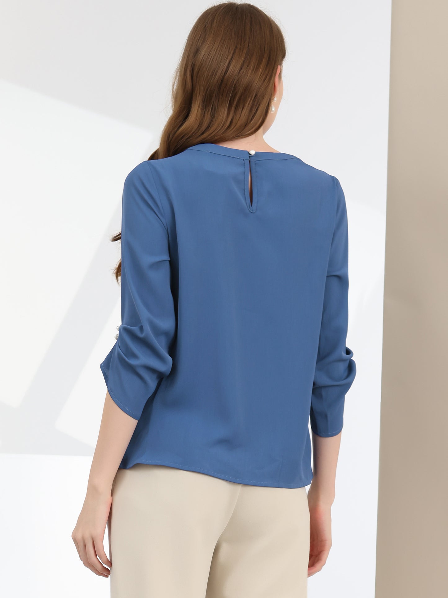 Women's Dressy Work Office Keyhole Pleated Front Ruched 3/4 Sleeve Chiffon Shirt
