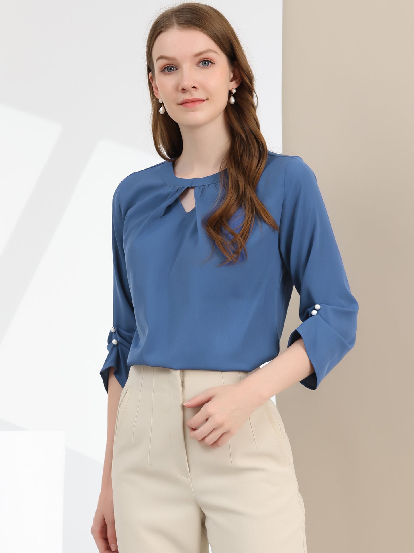 Women's Dressy Work Office Keyhole Pleated Front Ruched 3/4 Sleeve Chiffon Shirt