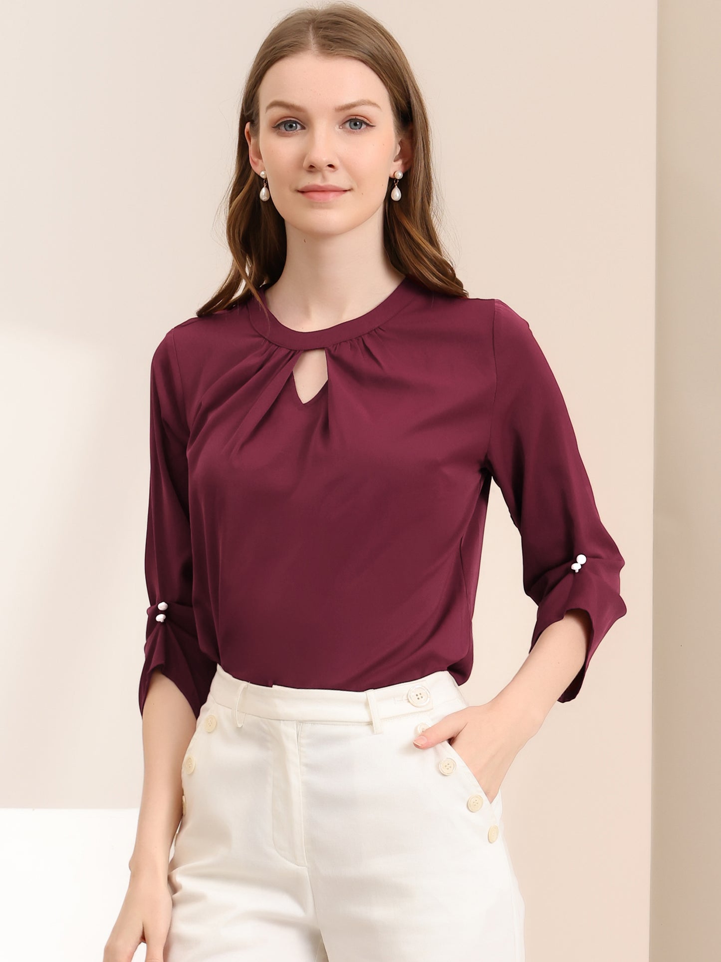 Women's Dressy Work Office Keyhole Pleated Front Ruched 3/4 Sleeve Chiffon Shirt
