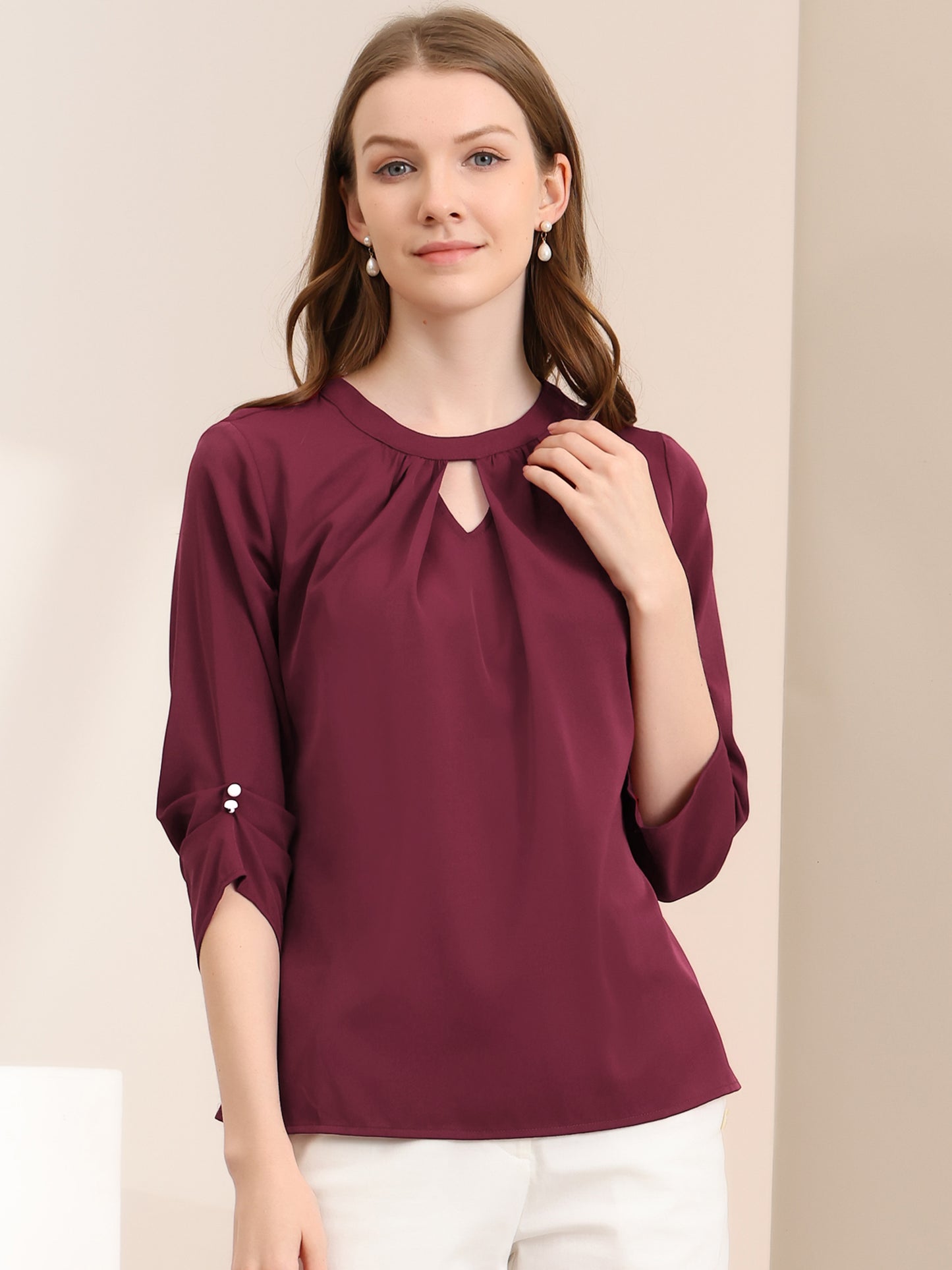 Women's Dressy Work Office Keyhole Pleated Front Ruched 3/4 Sleeve Chiffon Shirt