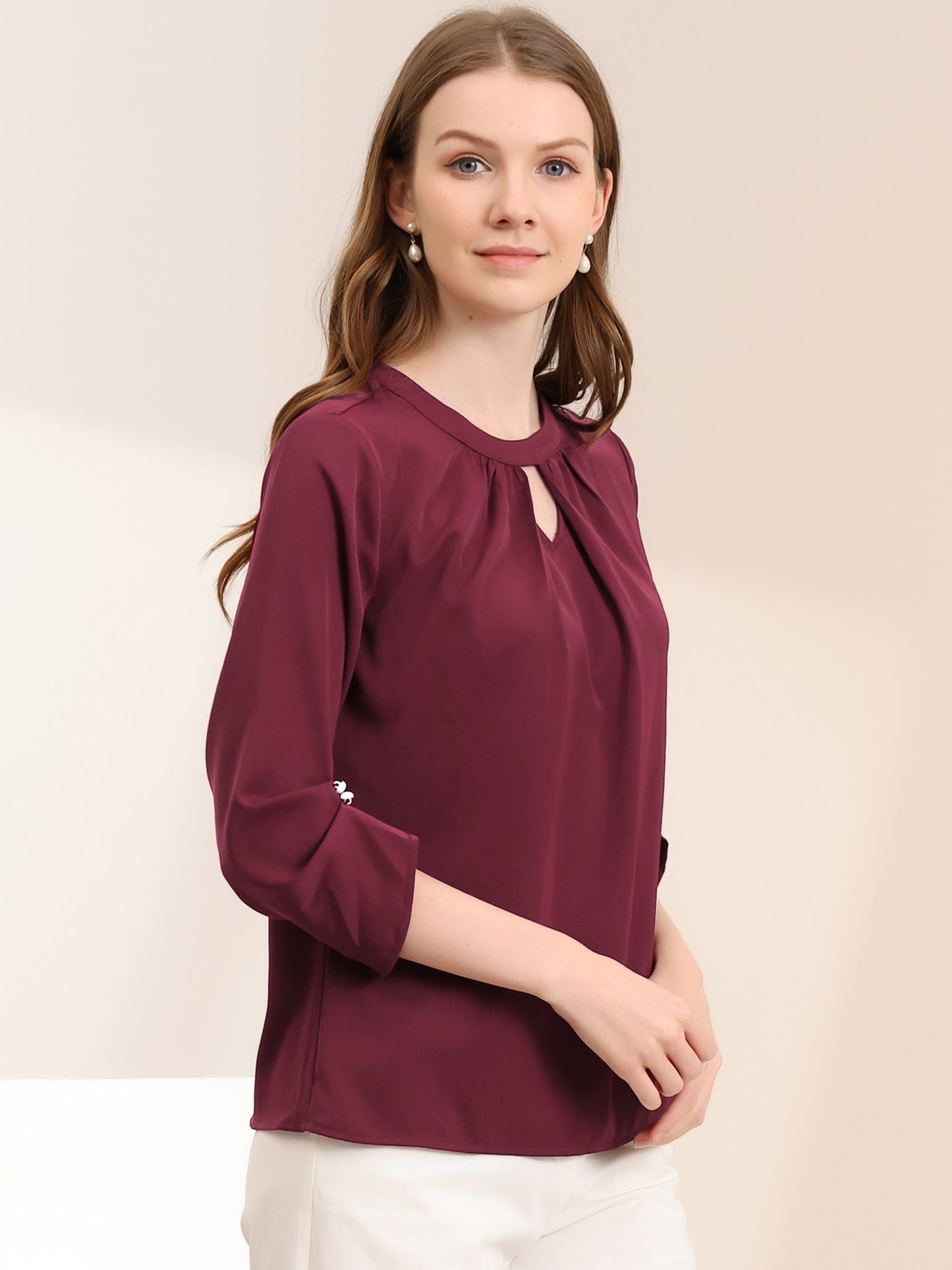 Women's Dressy Work Office Keyhole Pleated Front Ruched 3/4 Sleeve Chiffon Shirt