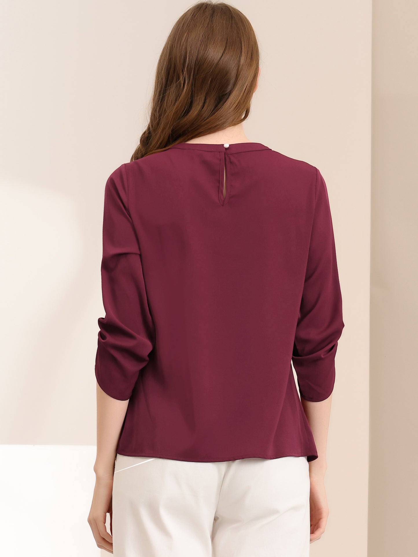 Women's Dressy Work Office Keyhole Pleated Front Ruched 3/4 Sleeve Chiffon Shirt