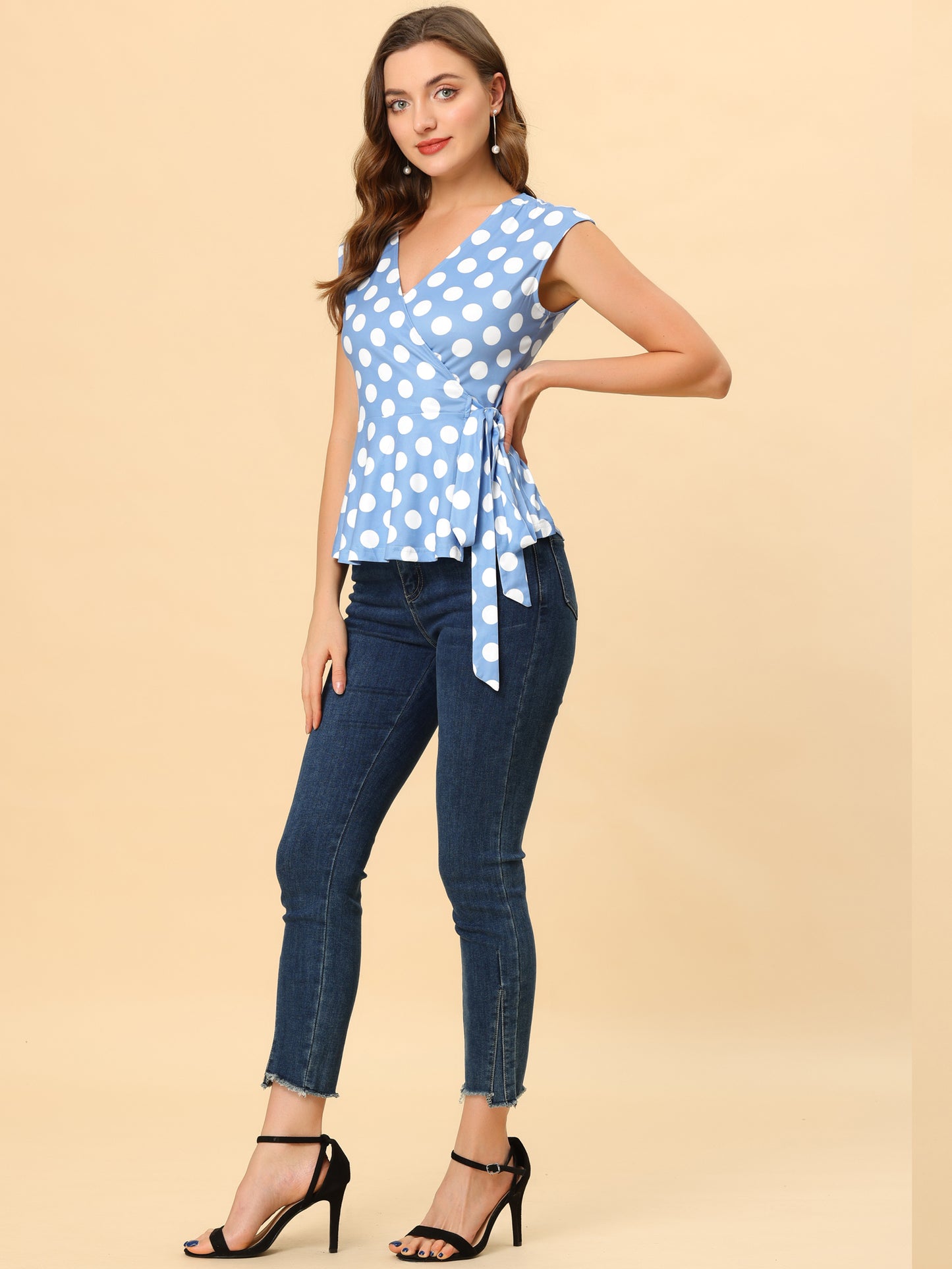 Women's Sleeveless Blouse Elegant Deep V Neck Self Tie Front Polka Dots Wrap Top