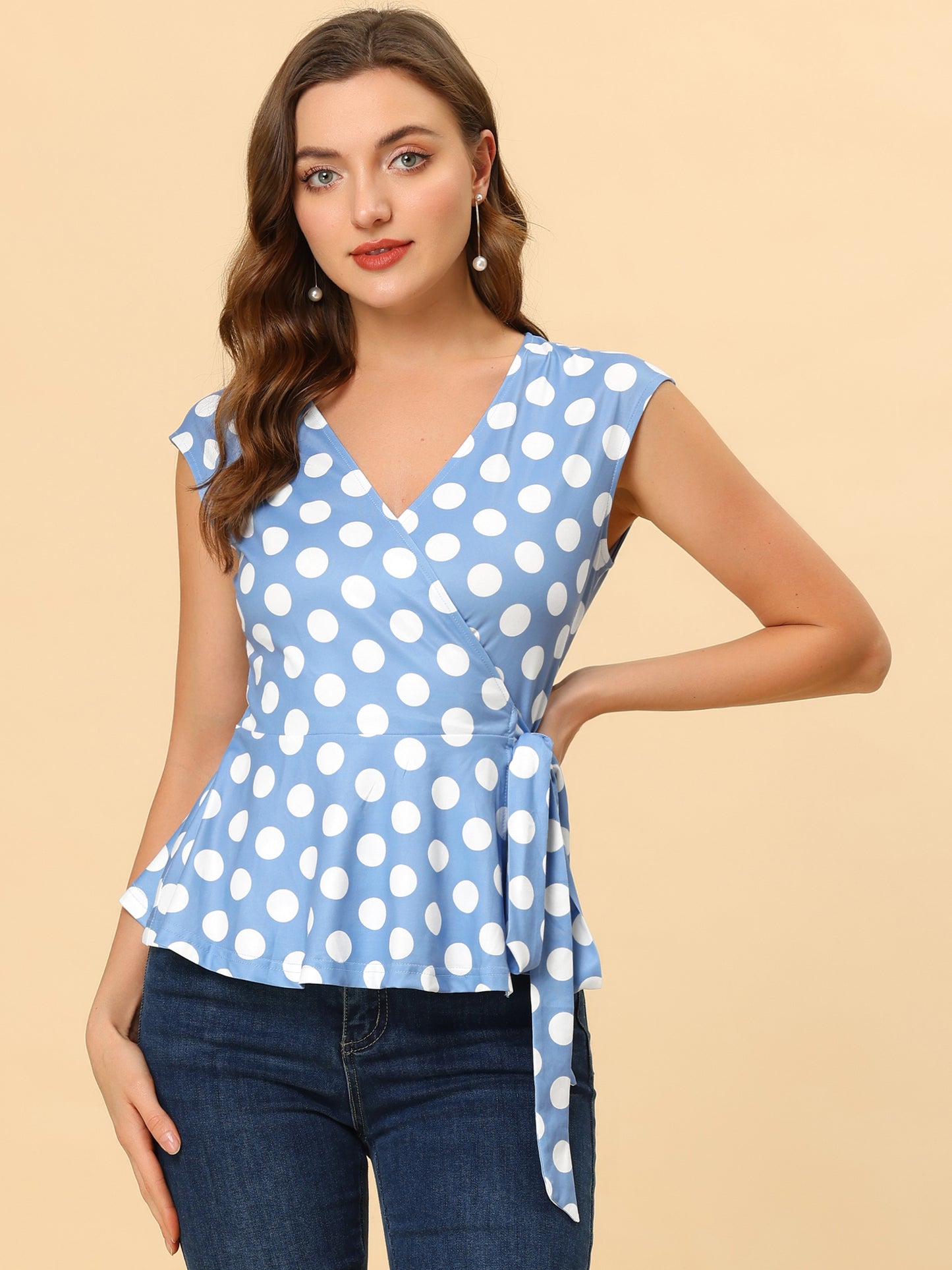 Women's Sleeveless Blouse Elegant Deep V Neck Self Tie Front Polka Dots Wrap Top