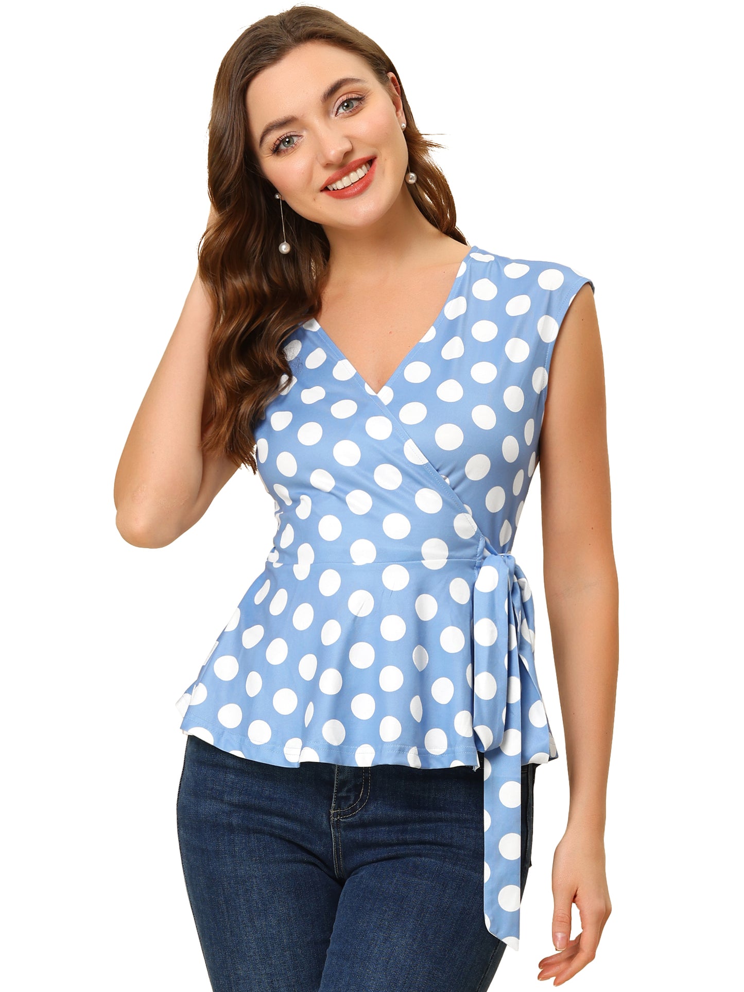 Women's Sleeveless Blouse Elegant Deep V Neck Self Tie Front Polka Dots Wrap Top