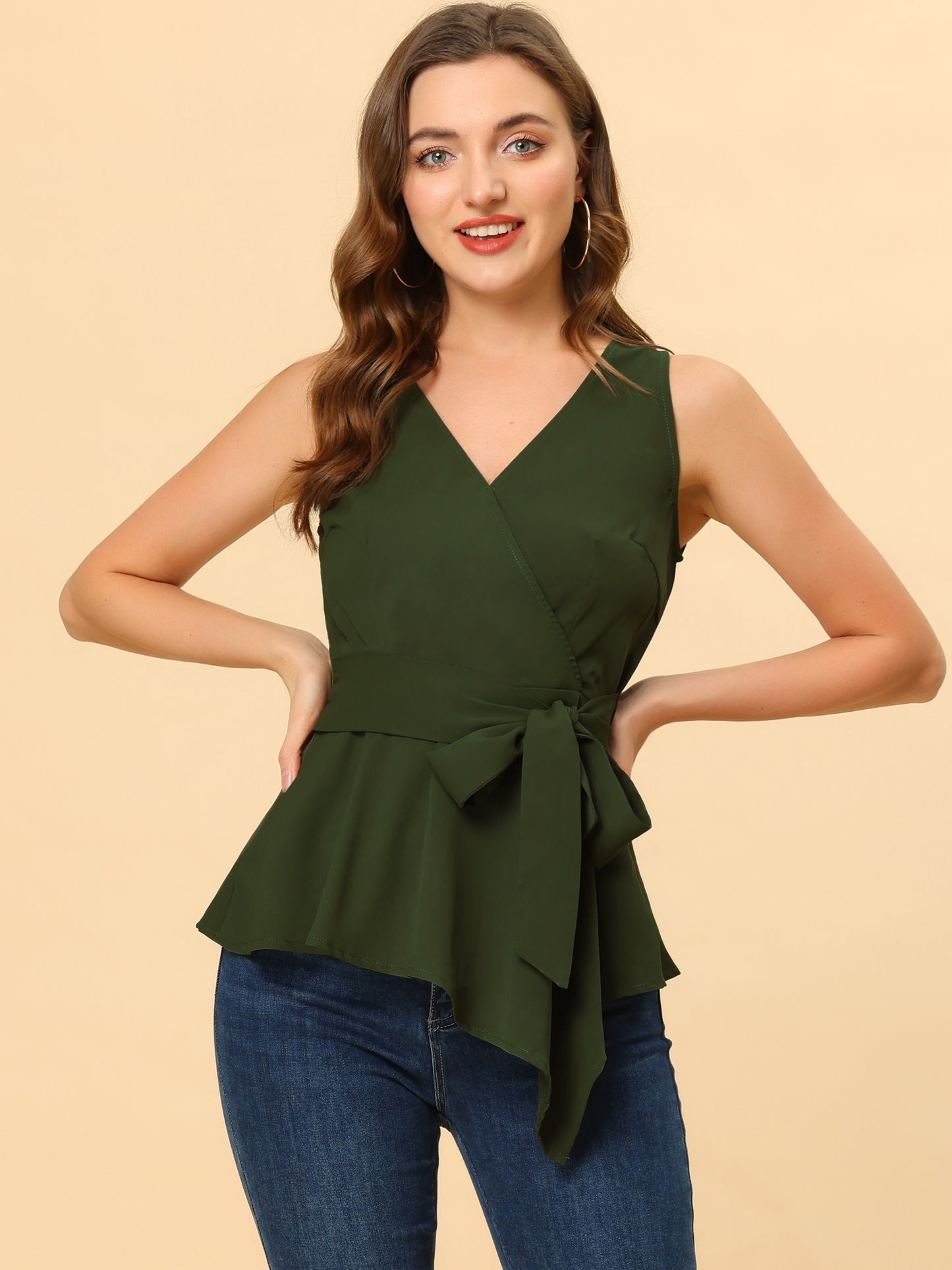 Women's Sleeveless V Neckline Wrap Elegant Tie Waist Top