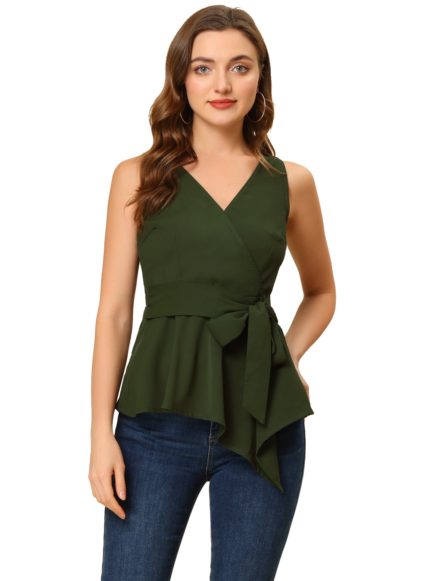 Women's Sleeveless V Neckline Wrap Elegant Tie Waist Top