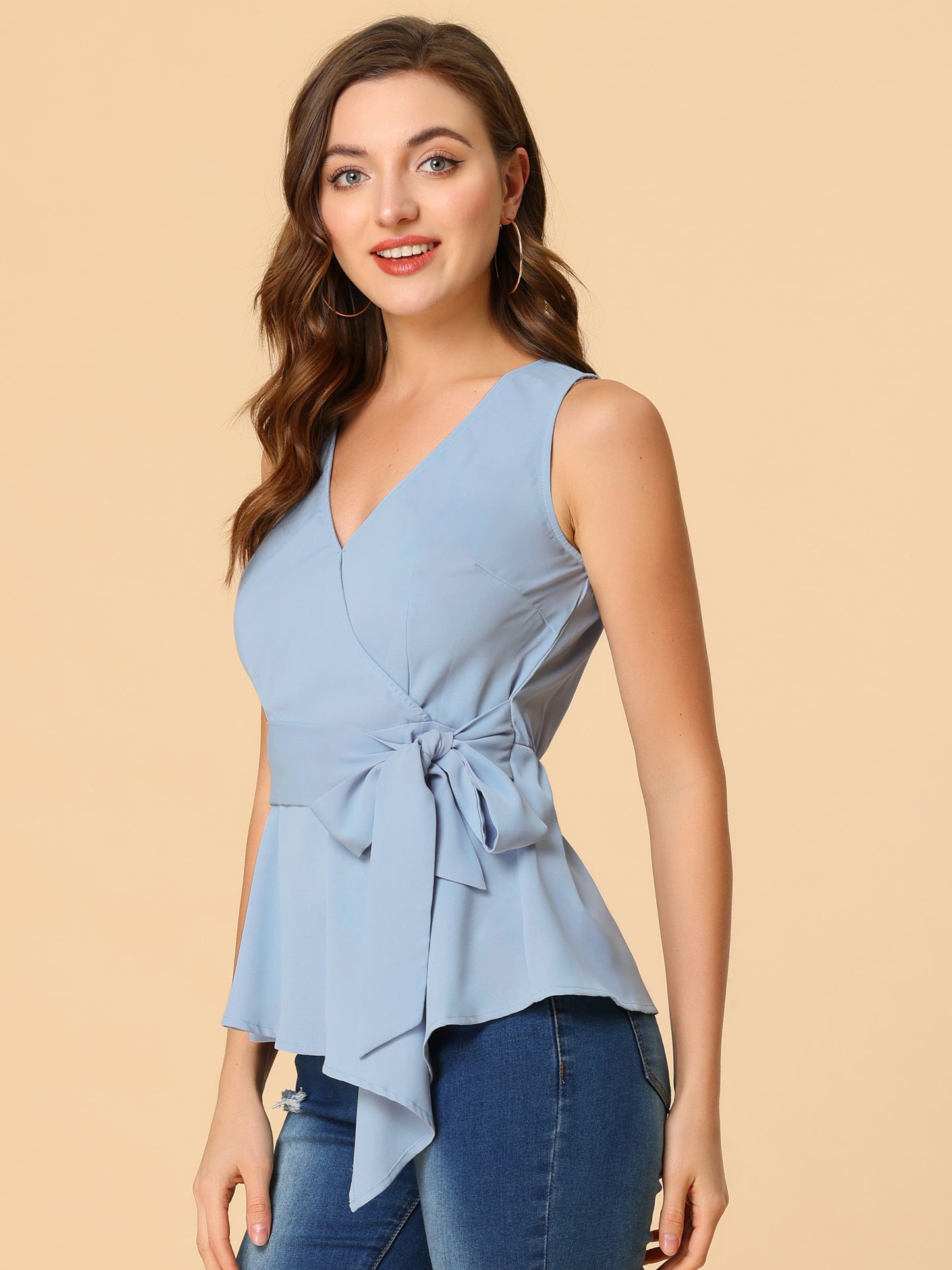 Women's Sleeveless V Neckline Wrap Elegant Tie Waist Top
