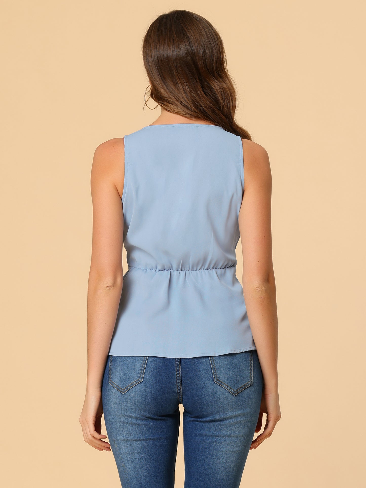 Women's Sleeveless V Neckline Wrap Elegant Tie Waist Top