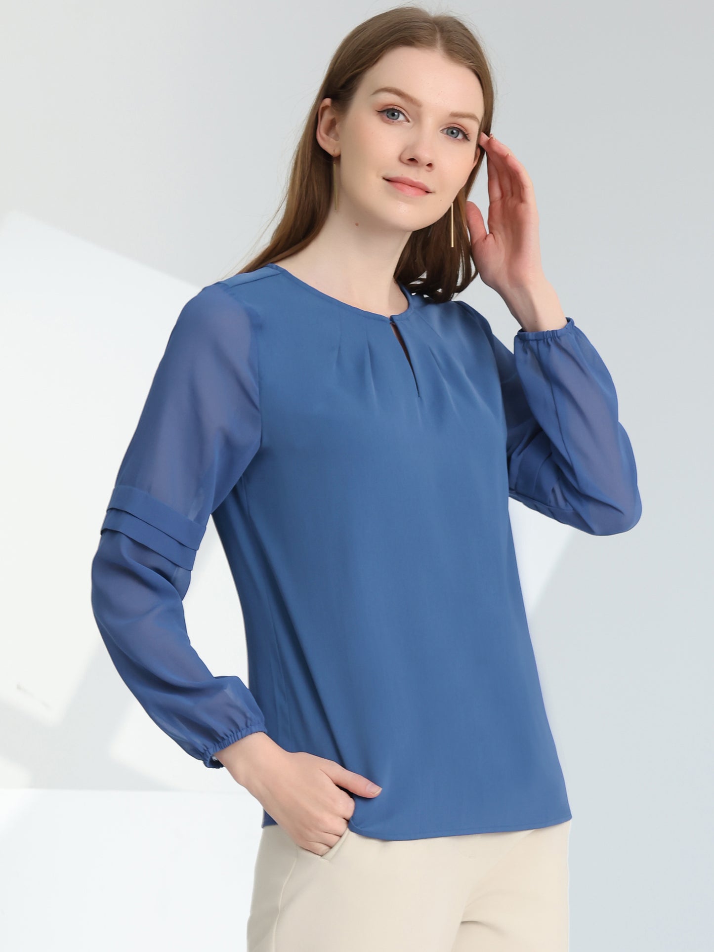 Women's Keyhole Neck Long Sleeve Business Casual Blouse Shirt