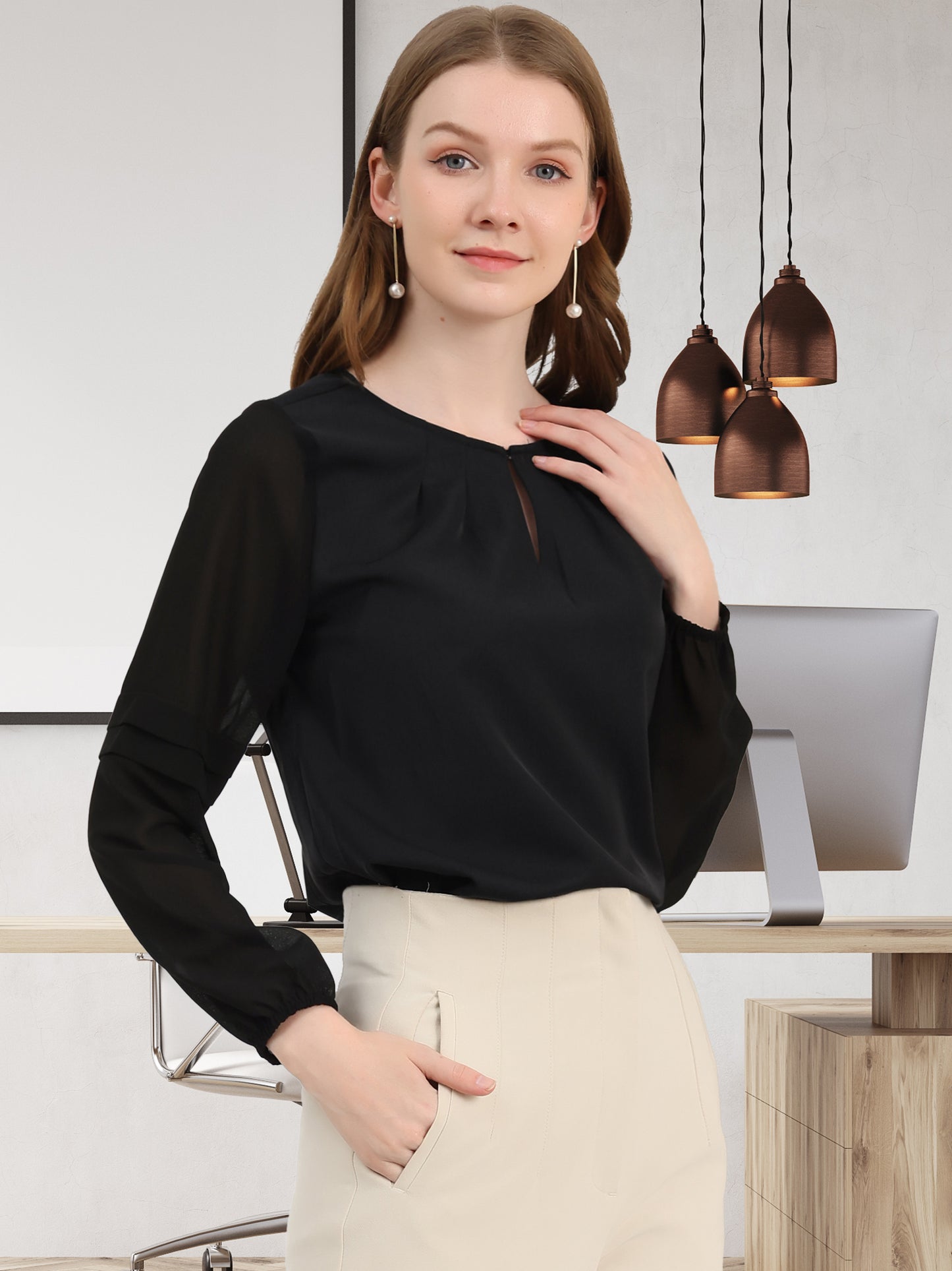 Women's Keyhole Neck Long Sleeve Business Casual Blouse Shirt