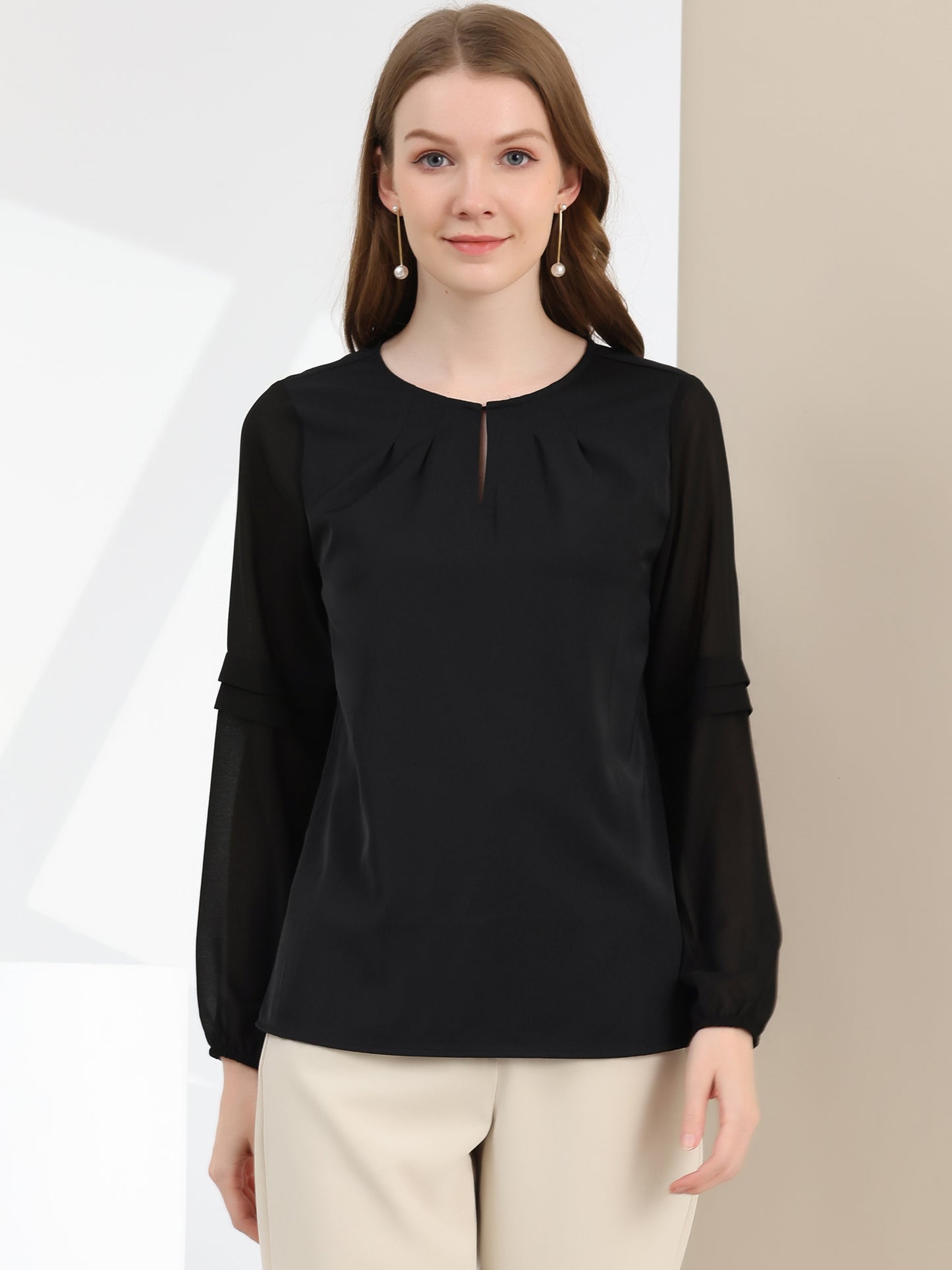 Women's Keyhole Neck Long Sleeve Business Casual Blouse Shirt