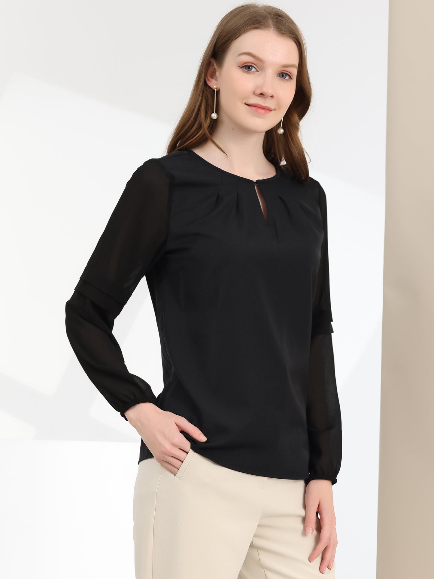 Women's Keyhole Neck Long Sleeve Business Casual Blouse Shirt