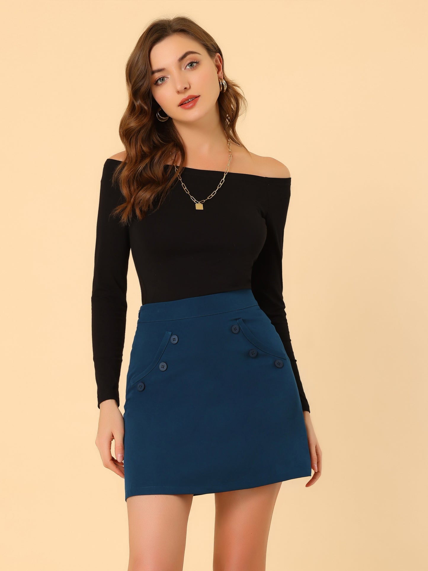 Women's High Waist Work Button Decor Elastic A Line Mini Skirt