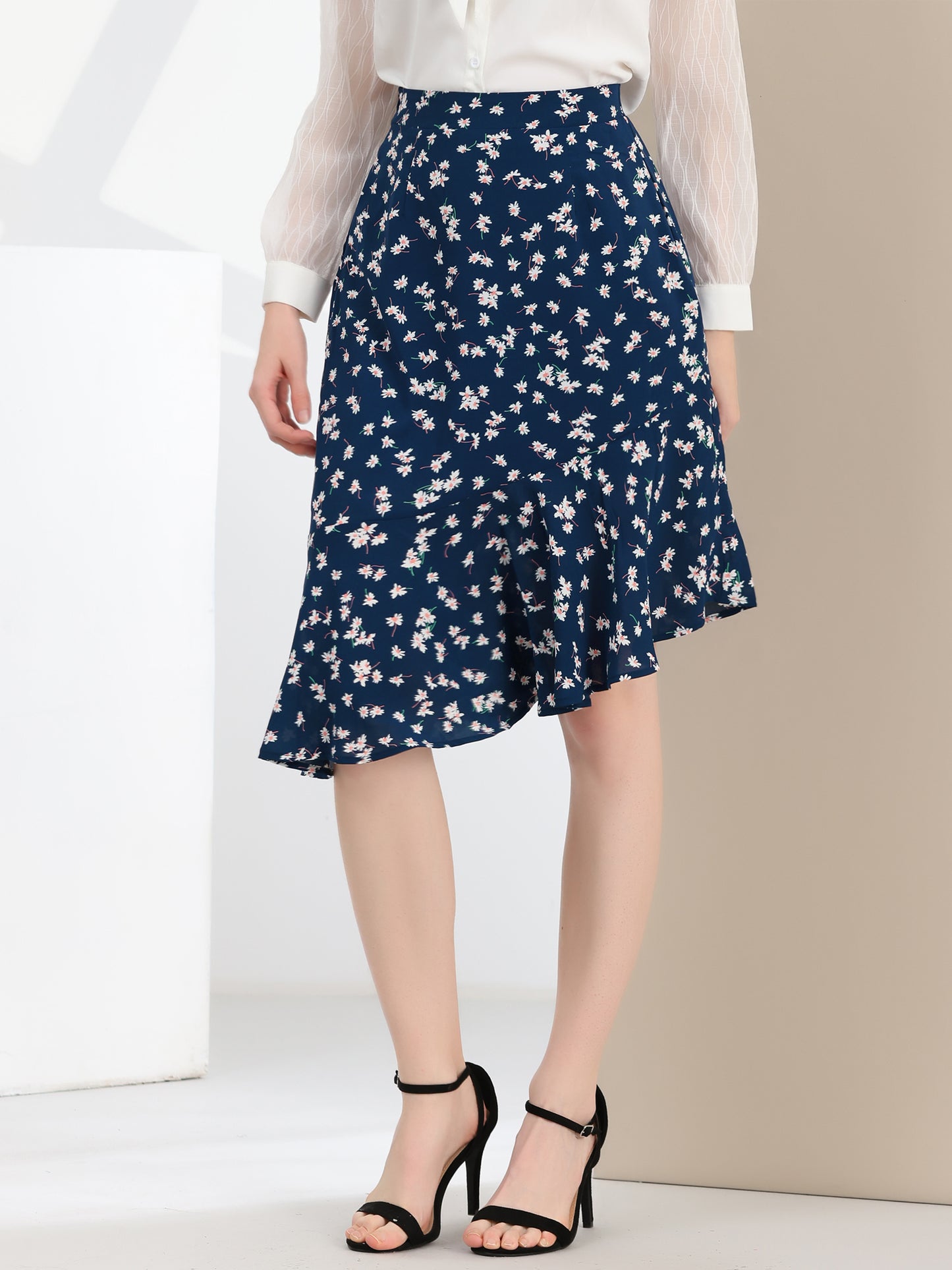Women's Floral Eleagnt High Waist Mermaid Asymmetrical Ruffle Summer Skirt