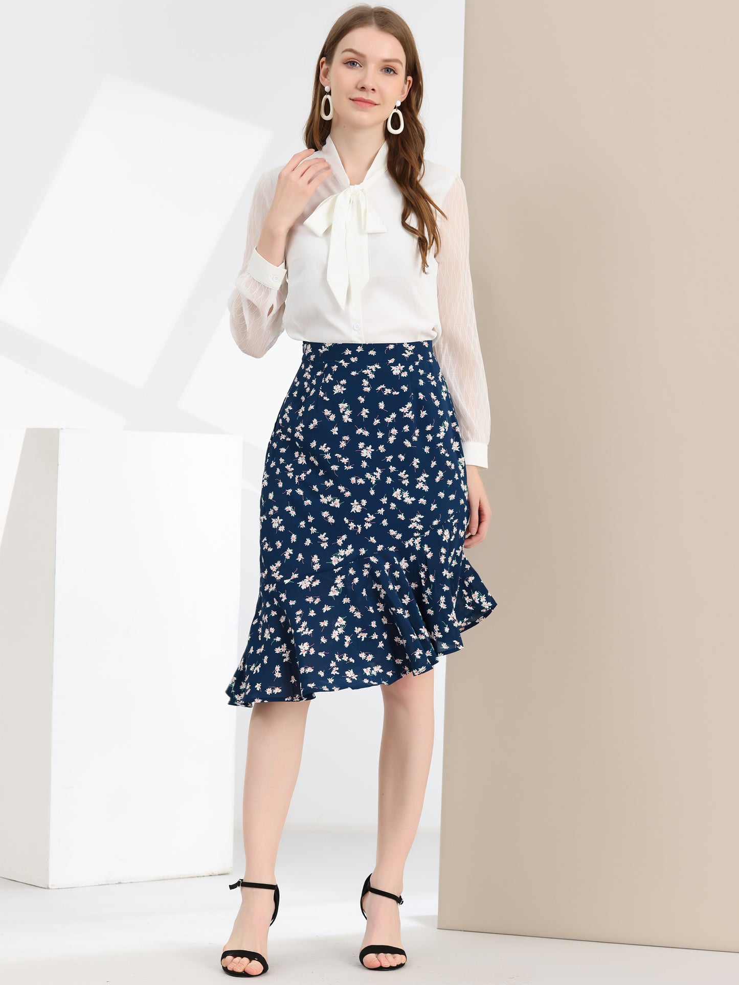 Women's Floral Eleagnt High Waist Mermaid Asymmetrical Ruffle Summer Skirt